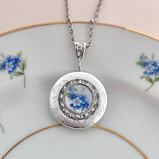 Forget Me Not Flower Locket Necklace, Broken China Jewelry, Unique Anniversary Gifts for Women, Vintage Photo Locket, Gifts for Her