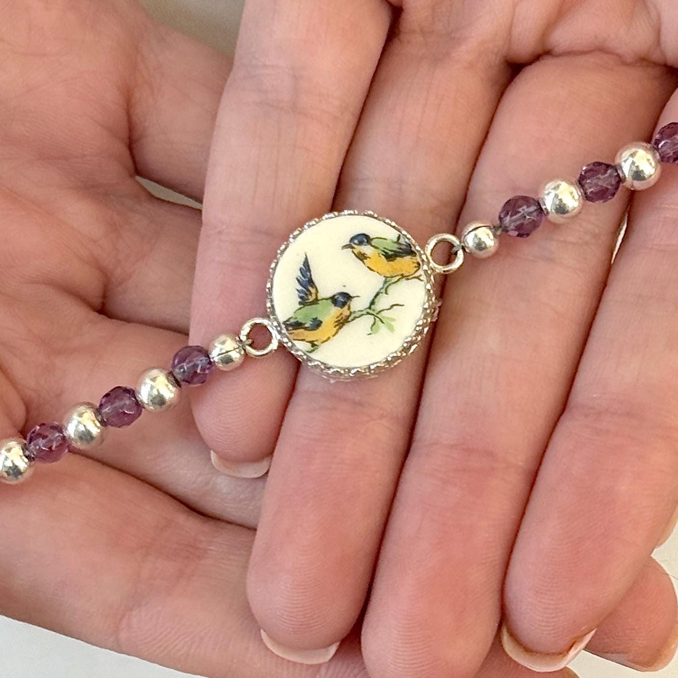 18th Anniversary Gift, Amethyst Love Birds Bracelet, Repurposed Porcelain Jewelry
