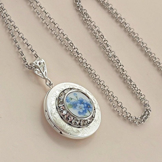 Romantic 18th Wedding Anniversary Gift for Wife, Forget Me Not Locket, Vintage Porcelain Necklace