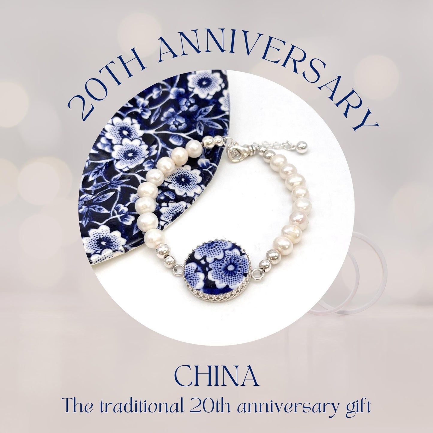 Blue and White Flower Broken China Jewelry, Romantic 20th Wedding Anniversary Gift for Wife, Sterling Silver Freshwater Pearl Bracelet