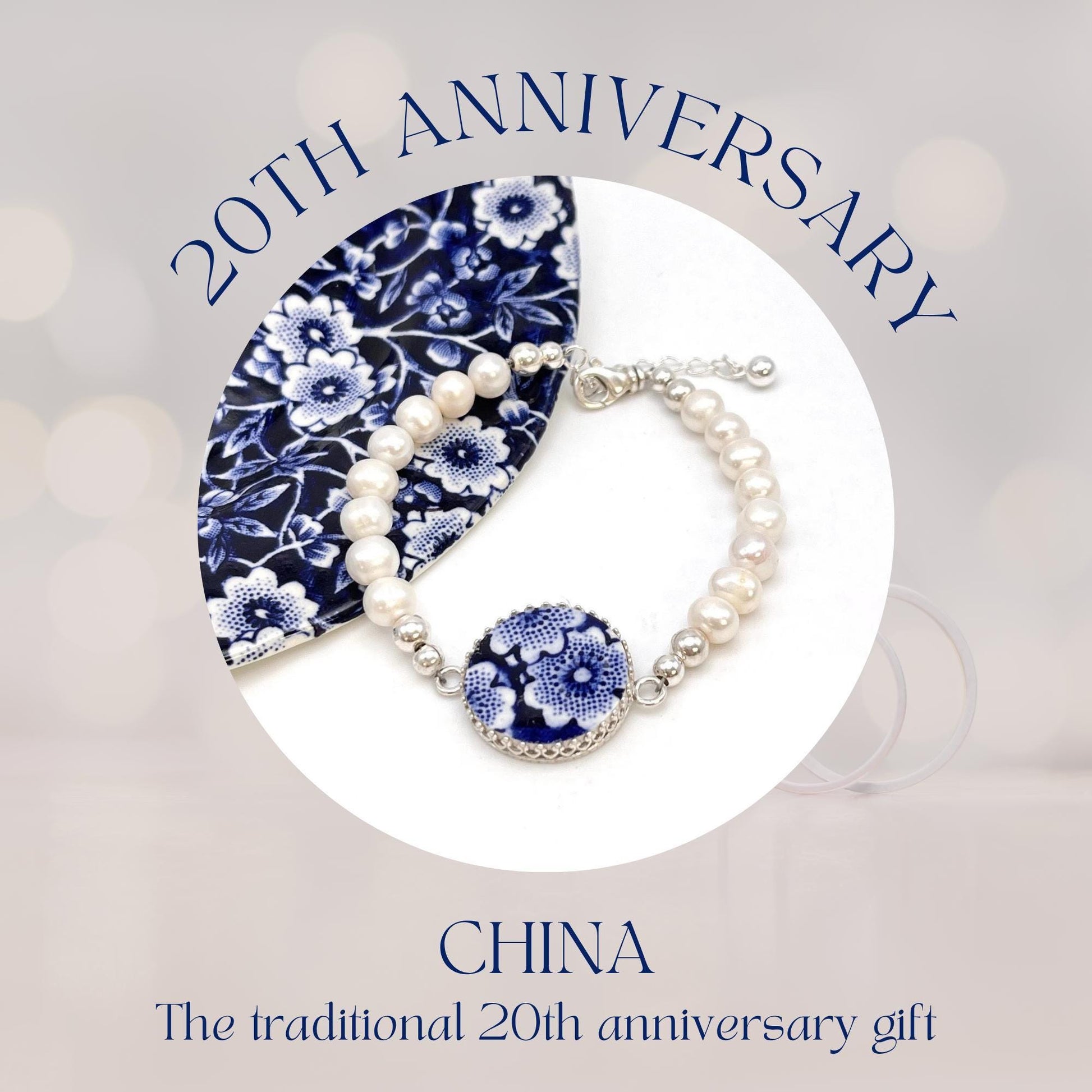 Blue and White Flower Broken China Jewelry, Romantic 20th Wedding Anniversary Gift for Wife, Sterling Silver Freshwater Pearl Bracelet