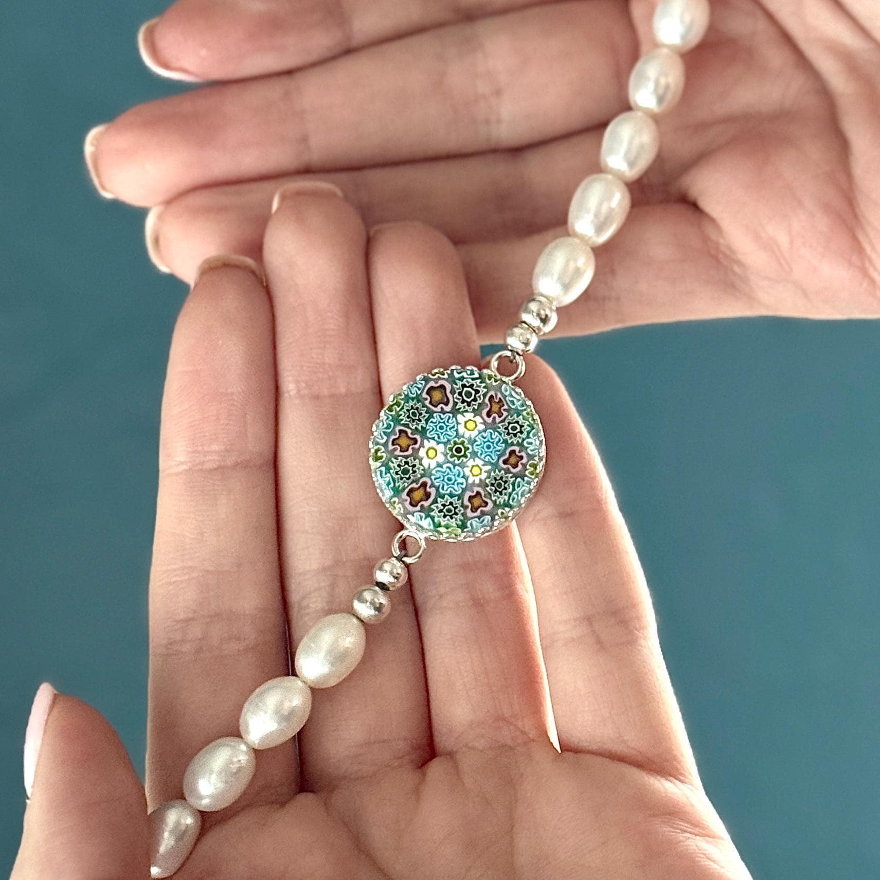 One-of-a-Kind Italian Millefiori Art Glass, Statement Pearl Bracelet, Colorful Spring Daisy and Flower Jewelry