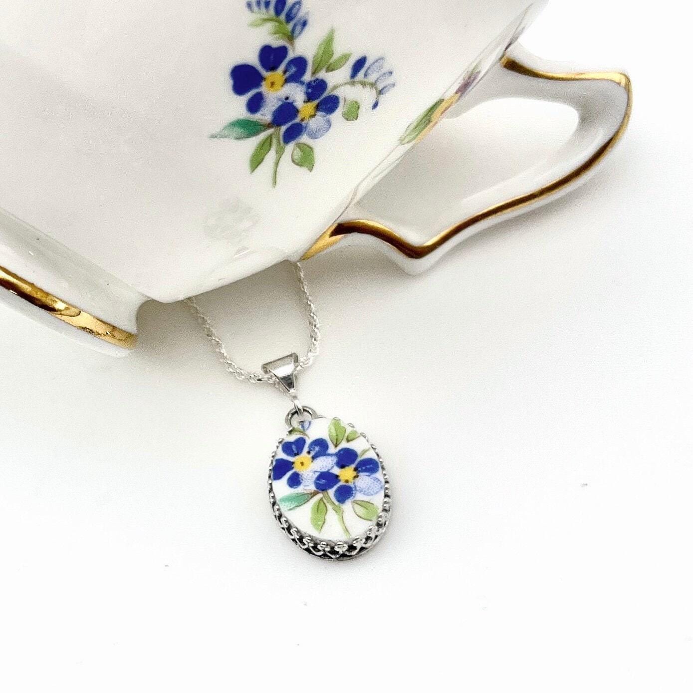 Forget Me Not Necklace, Repurposed Broken China Jewelry, 20th Anniversary Gift for Wife
