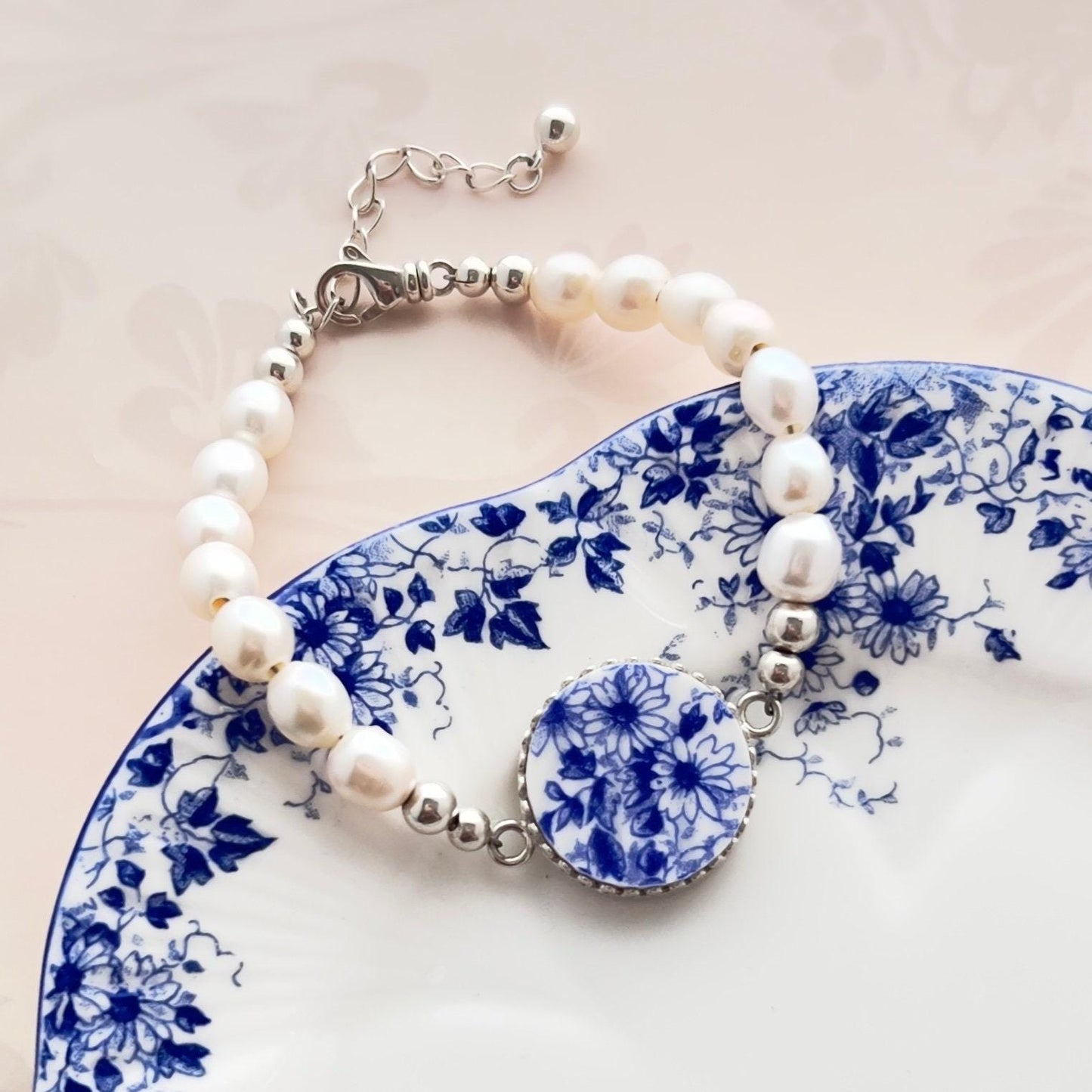 Shelley Dainty Blue Pearl Bracelet, Broken China Jewelry, 18th Anniversary Porcelain Gift for Wife