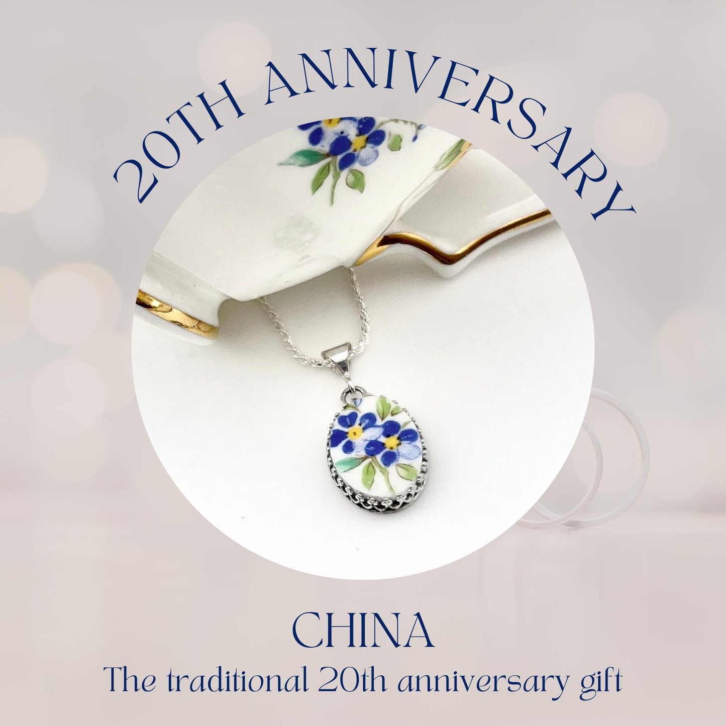Forget Me Not Necklace, Repurposed Broken China Jewelry, 20th Anniversary Gift for Wife