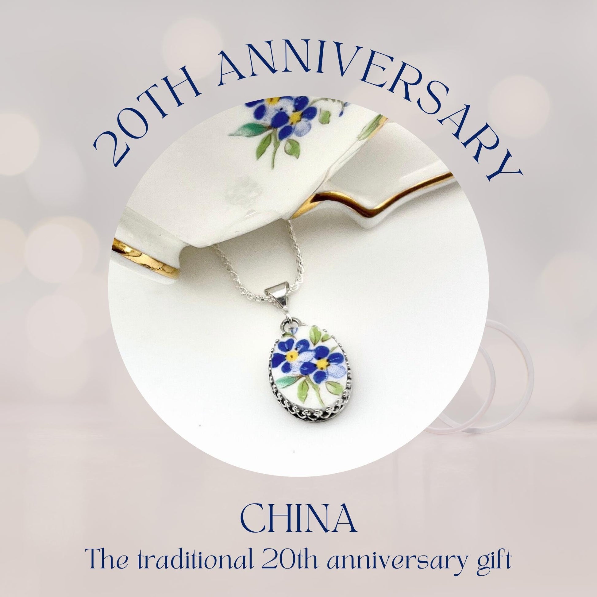 Forget Me Not Necklace, Repurposed Broken China Jewelry, 20th Anniversary Gift for Wife