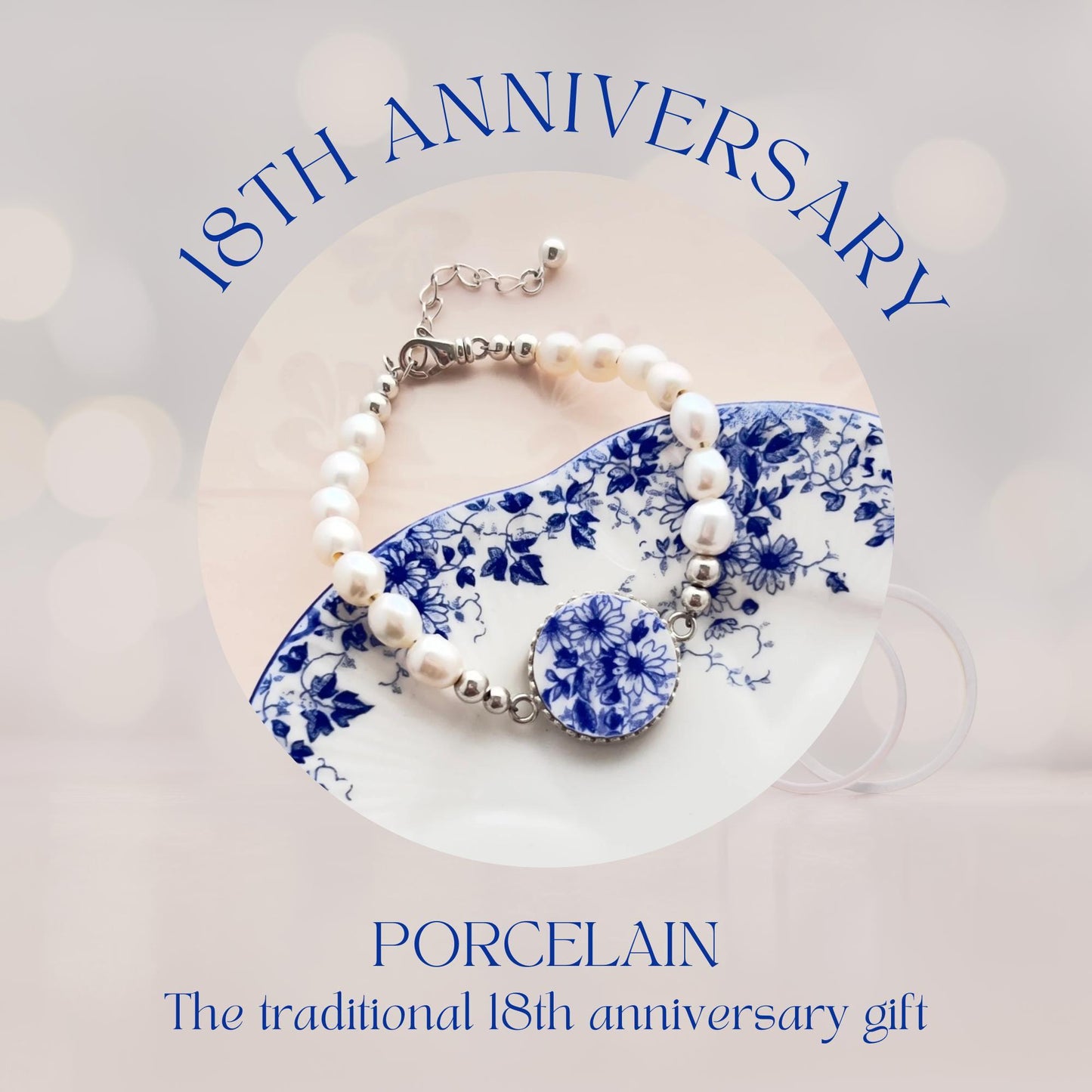 Shelley Dainty Blue Pearl Bracelet, Broken China Jewelry, 18th Anniversary Porcelain Gift for Wife