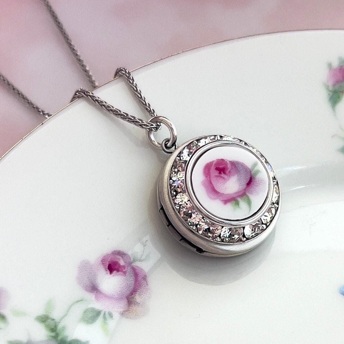 Adjustable Photo Locket Necklace, Romantic Pink Rose Necklace, Unique Gift for Girlfriend, Broken China Jewelry