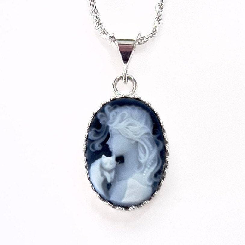 Sterling Silver Woman Holding Cat Cameo Necklace, Anniversary Jewelry Gifts for Her