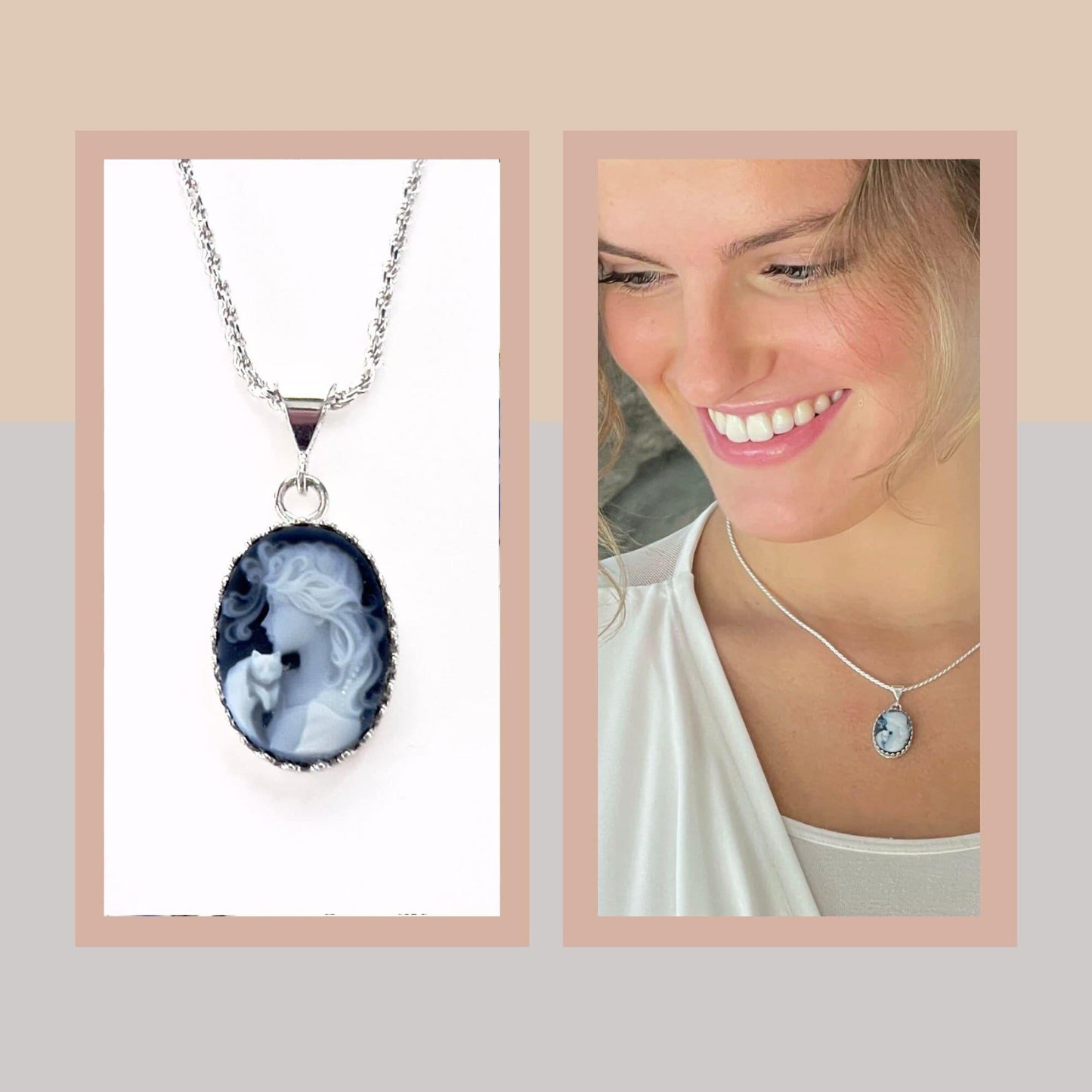 Sterling Silver Woman Holding Cat Cameo Necklace, Anniversary Jewelry Gifts for Her