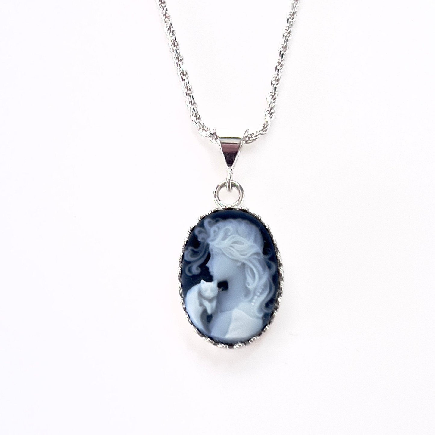 Sterling Silver Woman Holding Cat Cameo Necklace, Anniversary Jewelry Gifts for Her
