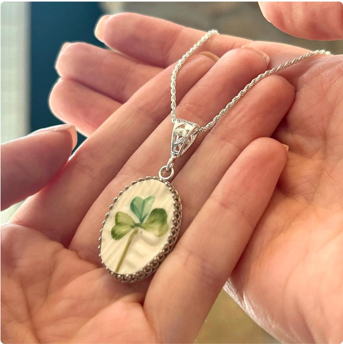 Repurposed China Jewelry, One-of-a-Kind Irish Belleek Necklace, Hand Painted Shamrock