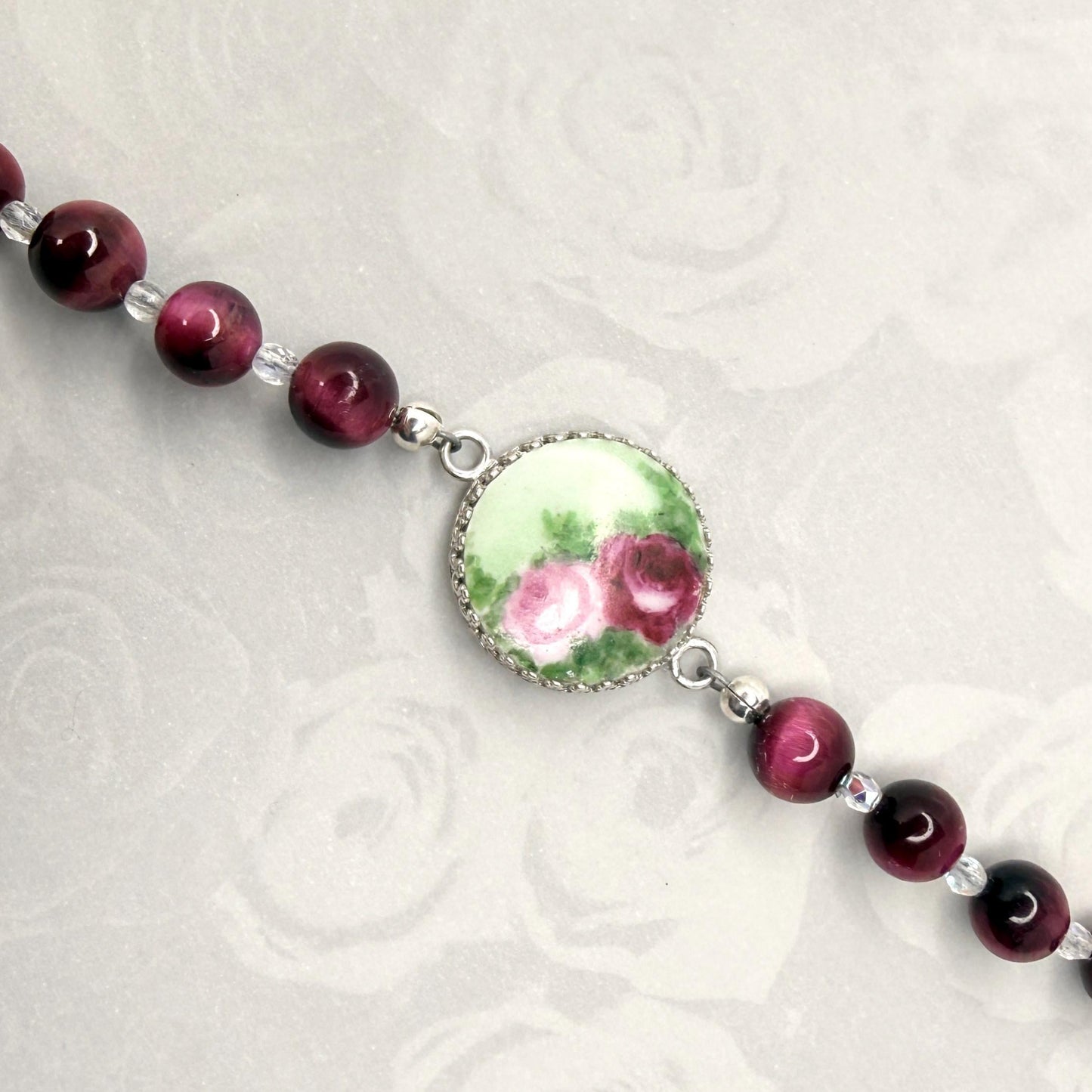 Hand Painted Roses Antique Button Bracelet, Porcelain Jewelry, 18th Anniversary Gift for Wife, Cats Eye