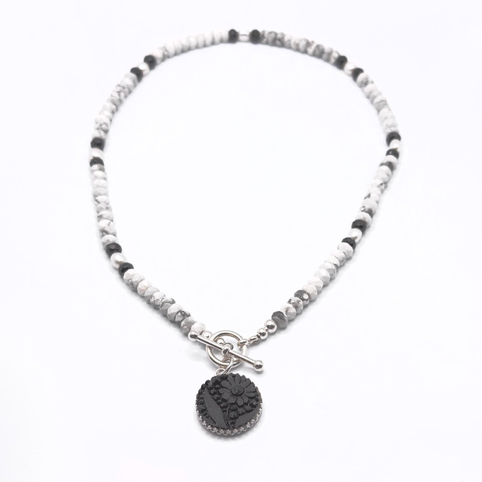 One-of-a-Kind Gemstone Necklace, Vintage Glass Flower Button, Victorian Statement Jewelry, Toggle Clasp