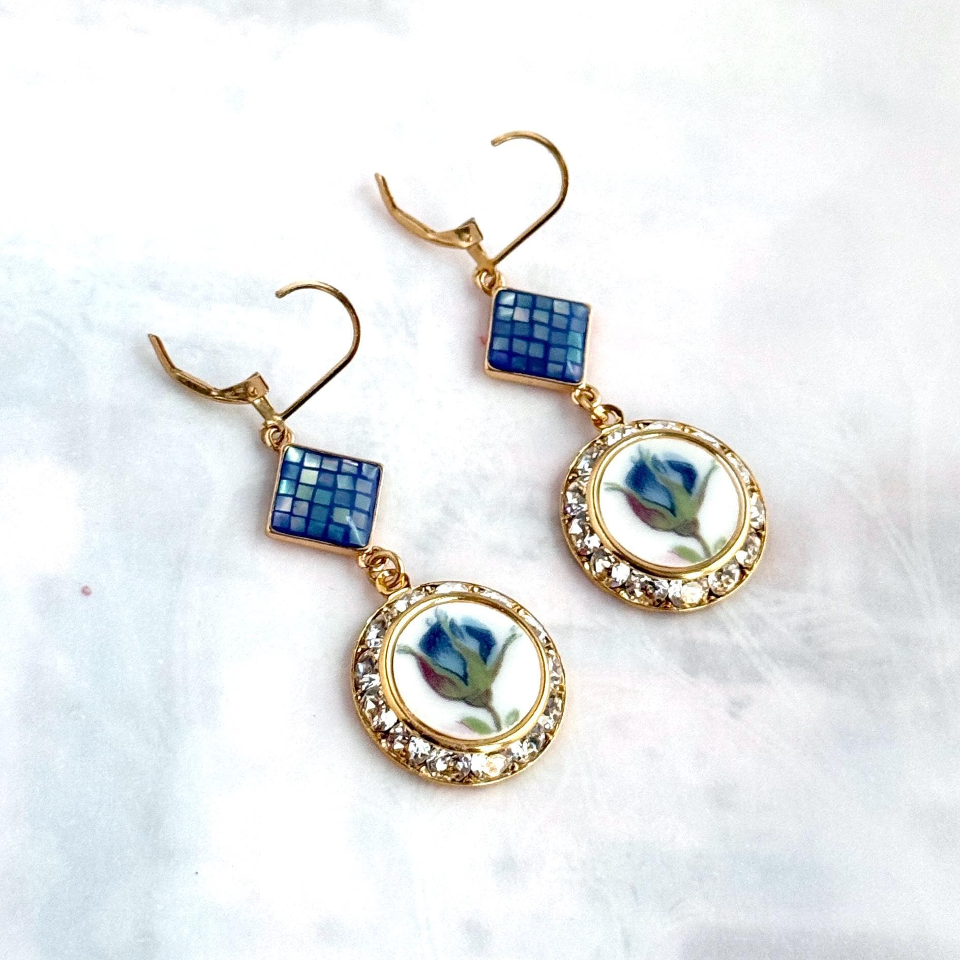 20th Anniversary Gift for Wife, Gold Crystal Earrings, Blue Rose Broken China Jewelry, Gold Filled Hinged Lever Back Earwires