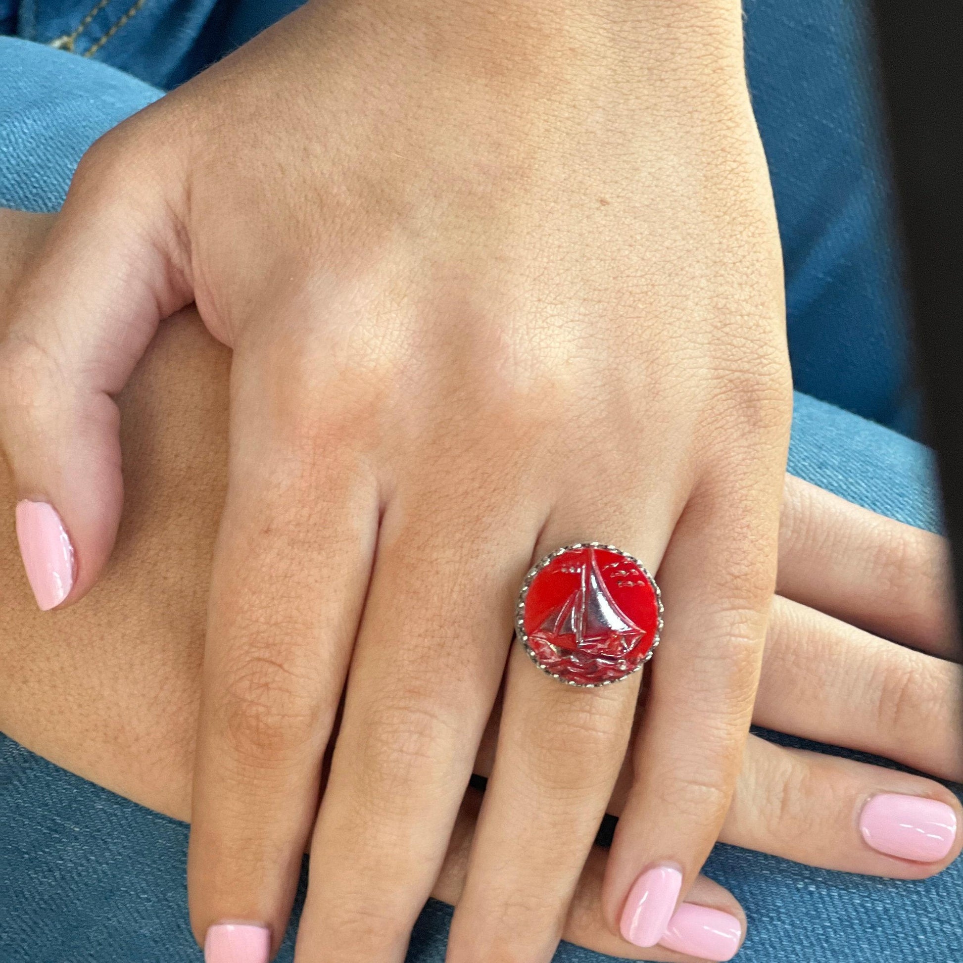 Vintage Button Sailboat Ring, Adjustable Sterling Silver Ring for Women, Nautical Summer Jewelry