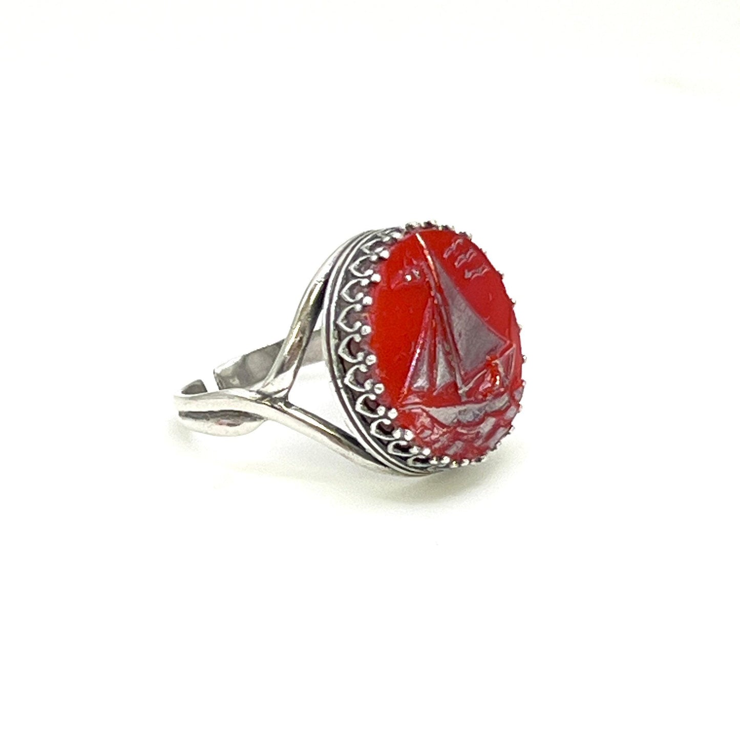 Vintage Button Sailboat Ring, Adjustable Sterling Silver Ring for Women, Nautical Summer Jewelry
