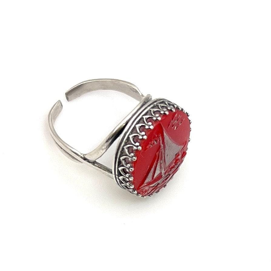 Vintage Button Sailboat Ring, Adjustable Sterling Silver Ring for Women, Nautical Summer Jewelry