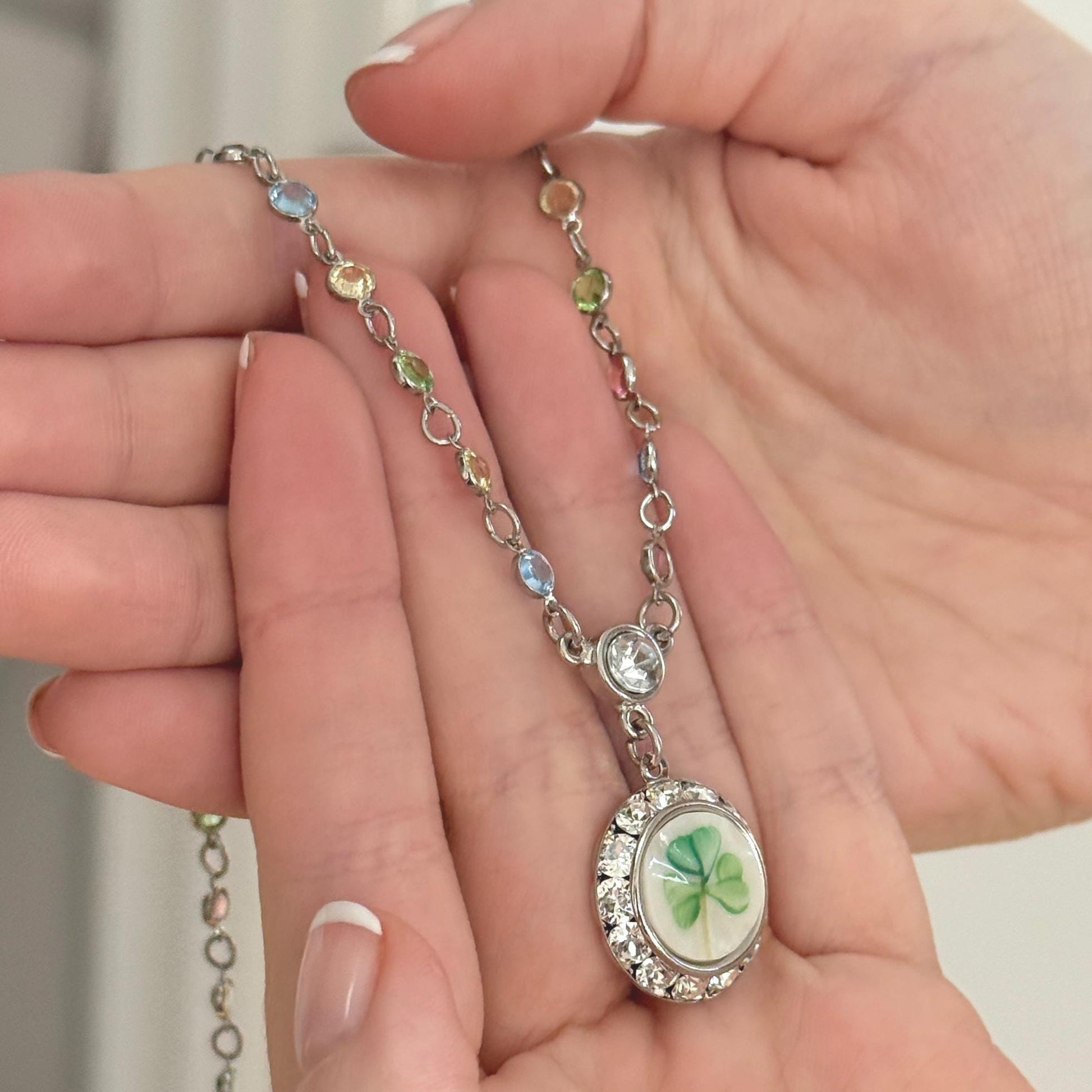 Dainty Shamrock Necklace, Irish Belleek Broken China Jewelry, Pastel Crystal Jewelry