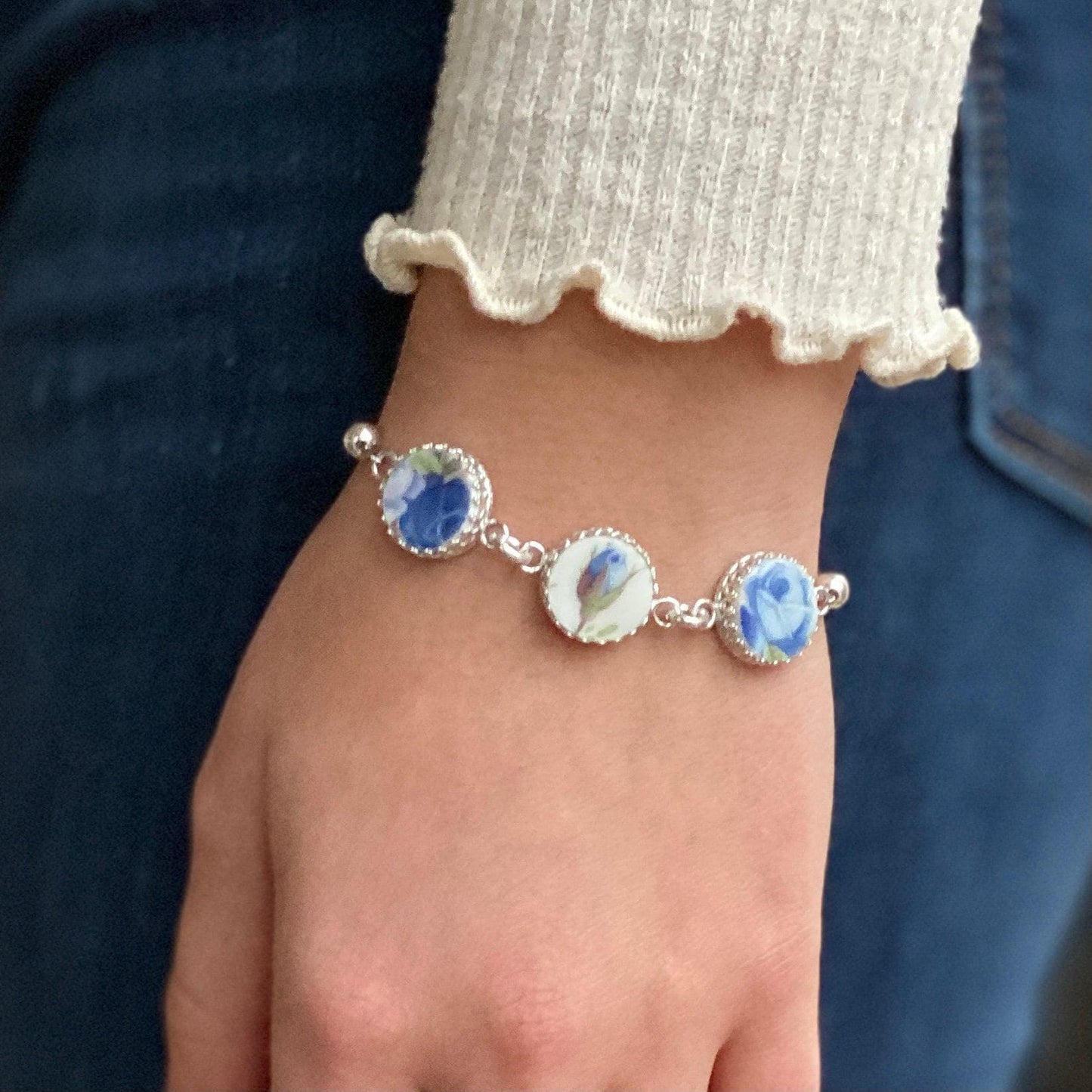 20th Anniversary Broken China Jewelry Gift for Wife, Royal Albert Moonlight Rose China Bracelet, Sterling Silver
