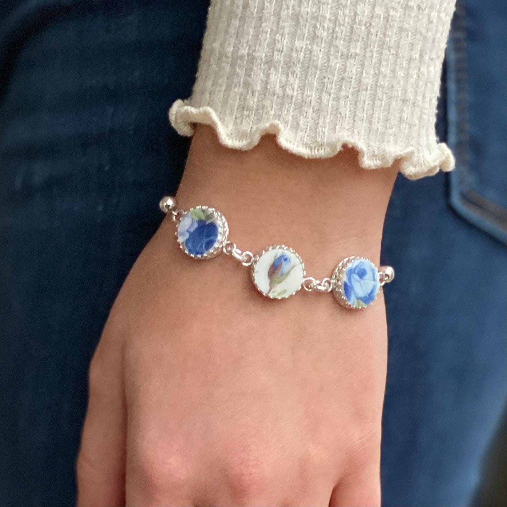 20th Anniversary Broken China Jewelry Gift for Wife, Royal Albert Moonlight Rose China Bracelet, Sterling Silver