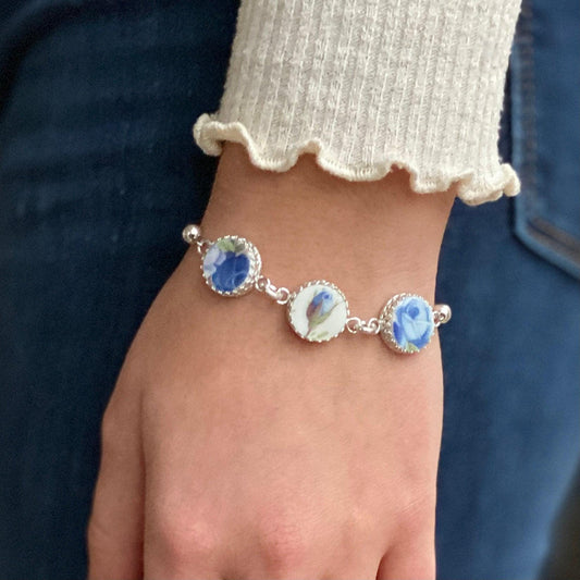 20th Anniversary Broken China Jewelry Gift for Wife, Royal Albert Moonlight Rose China Bracelet, Sterling Silver