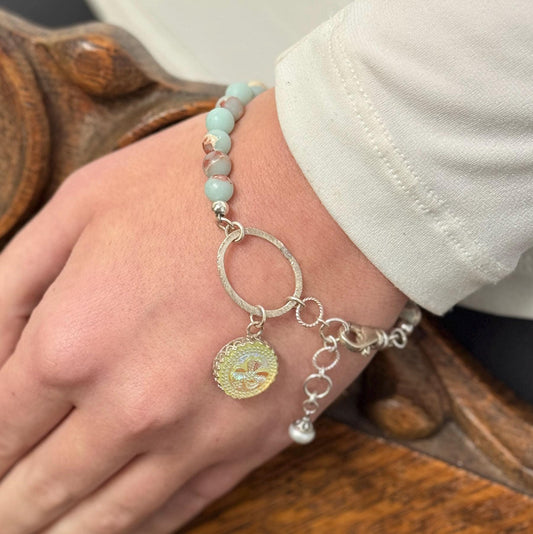 Iridescent Shamrock Charm Bracelet, Vintage Vaseline Glass Button, Sterling Silver Jasper Jewelry