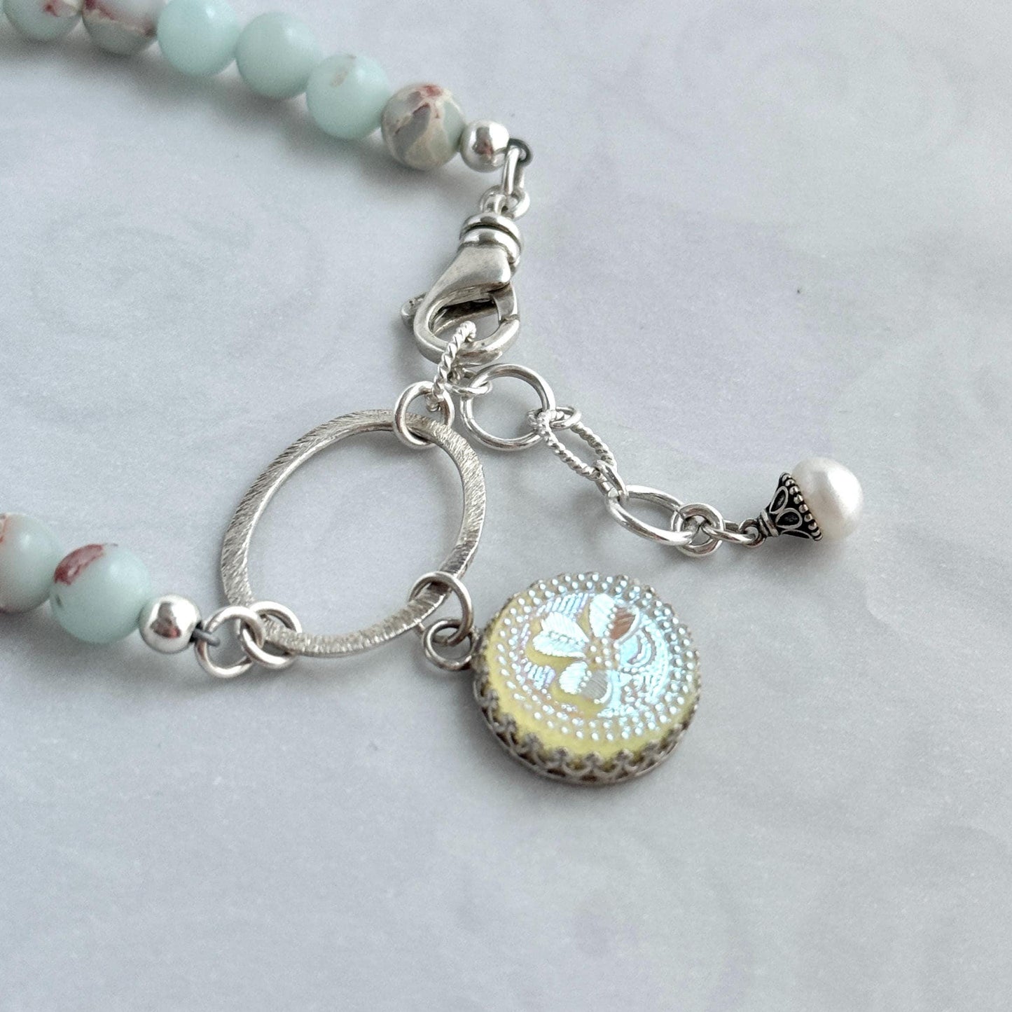 Iridescent Shamrock Charm Bracelet, Vintage Vaseline Glass Button, Sterling Silver Jasper Jewelry