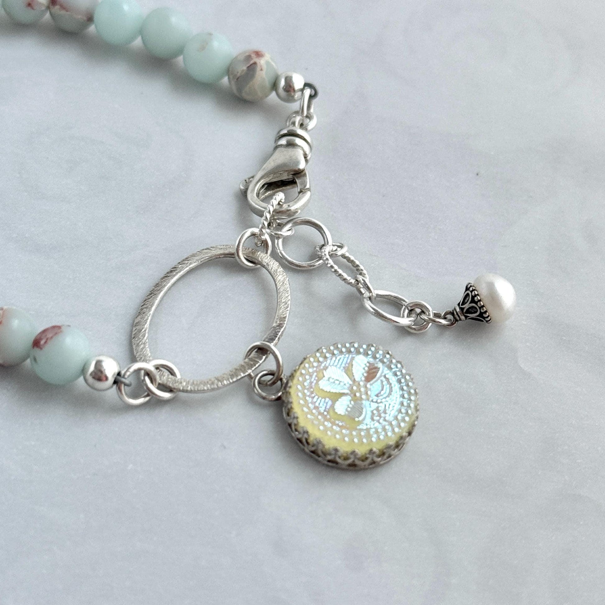 Iridescent Shamrock Charm Bracelet, Vintage Vaseline Glass Button, Sterling Silver Jasper Jewelry