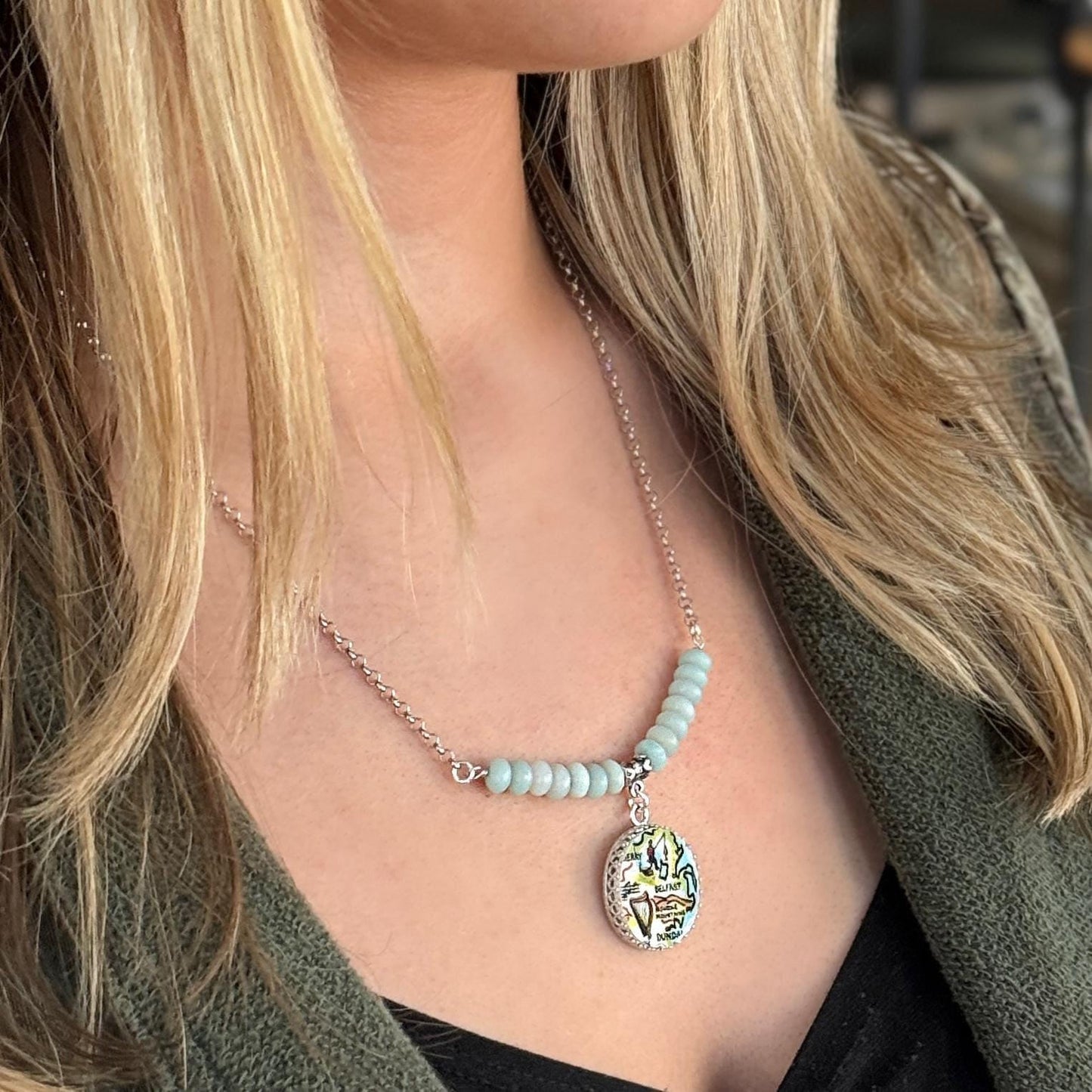 One-of-a-Kind Vintage Map of Ireland Necklace, Sterling Silver and Amazonite Celtic Harp Necklace, Unique Irish Gifts for Women