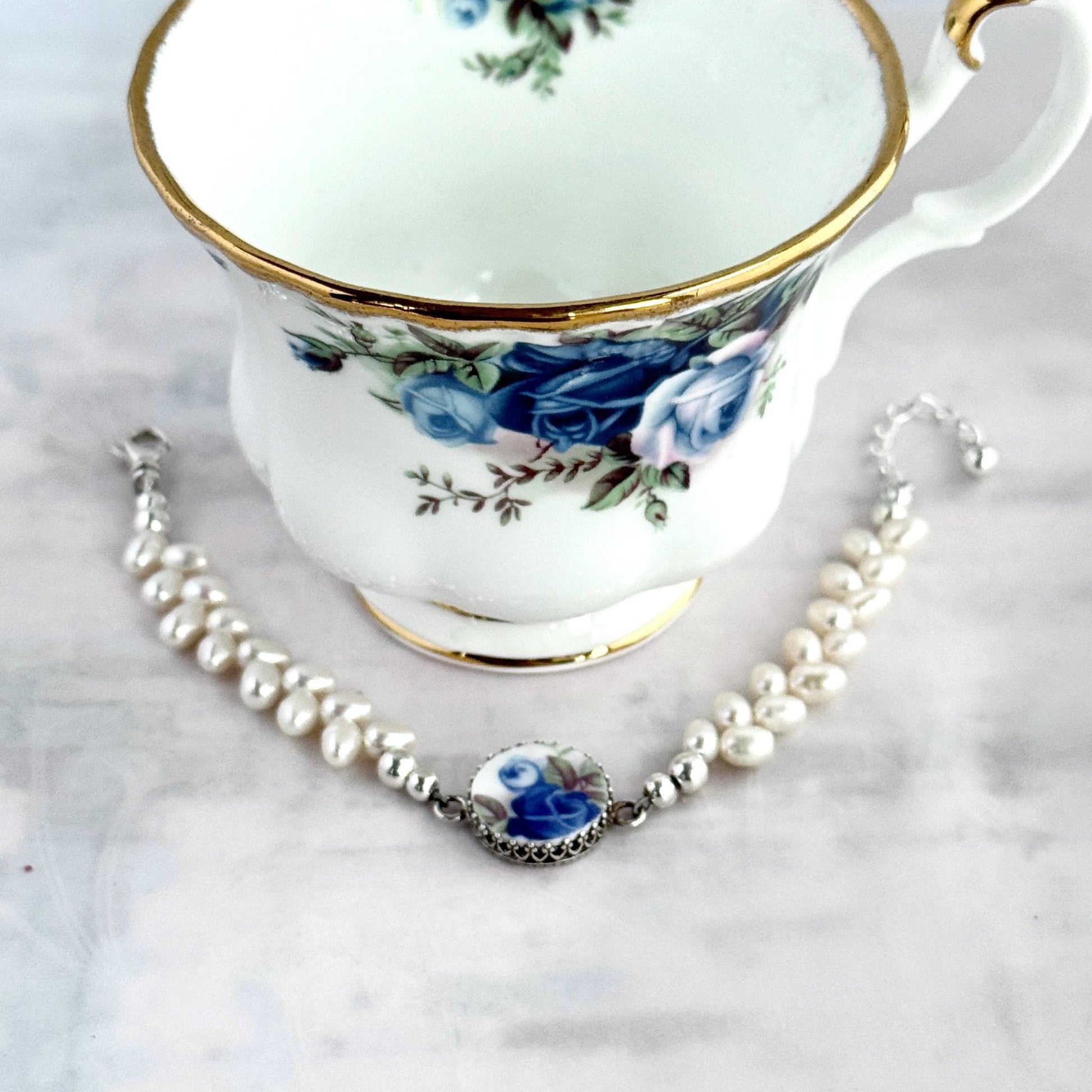 20th Anniversary Broken China Jewelry Gift for Wife, Dainty Pearl Bracelet, Royal Albert Moonlight Rose China Bracelet, Sterling Silver