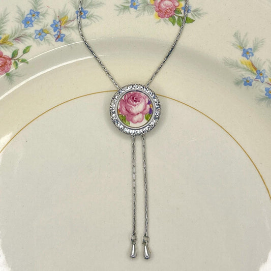 Adjustable Rose Crystal Necklace, Broken China Jewelry Lariat