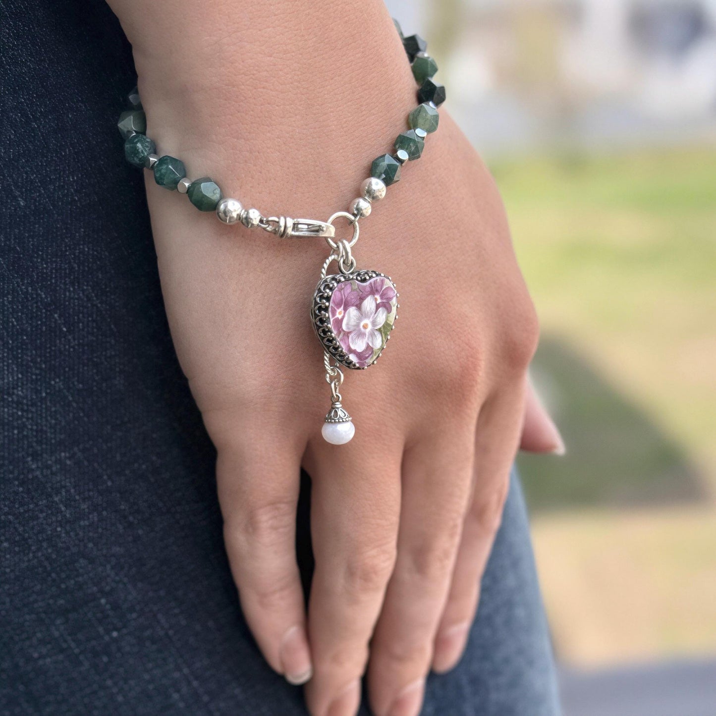 Natural Gemstone Heart Charm Bracelet, Sterling Silver, Vintage China Violets, Unique 20th Anniversary Gifts for Wife