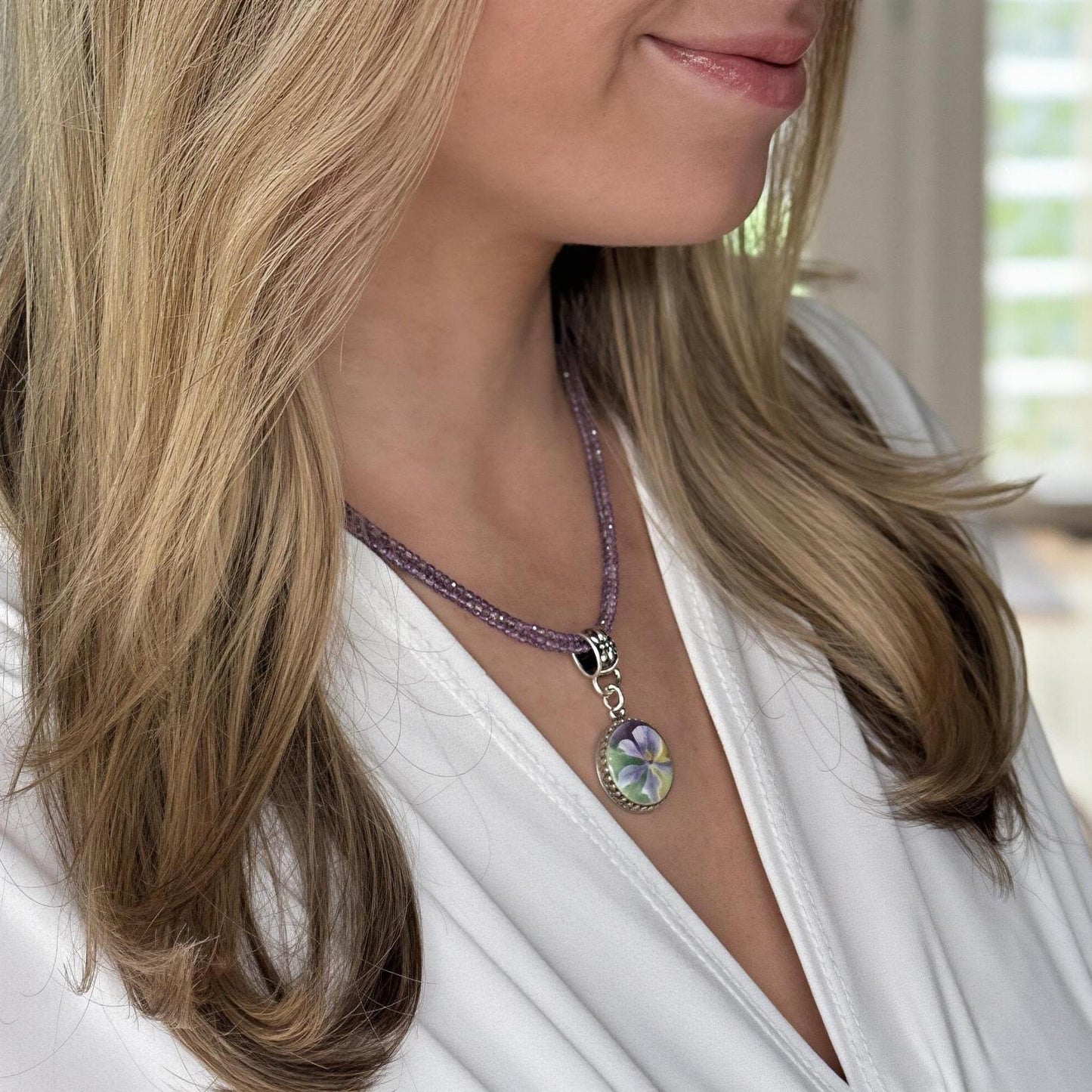 18th Anniversary Gift for Wife, Antique Porcelain Button Jewelry, Sterling Silver Purple Amethyst Necklace