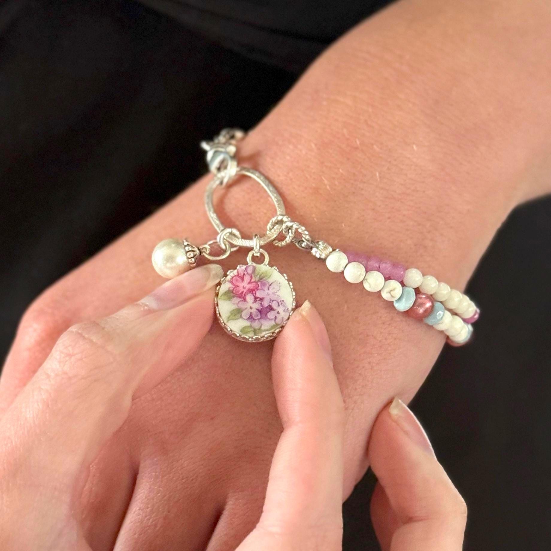 Gemstone Charm Bracelet, Unique 20th Anniversary Gifts for Wife, Purple Lilac Flower Broken China Jewelry