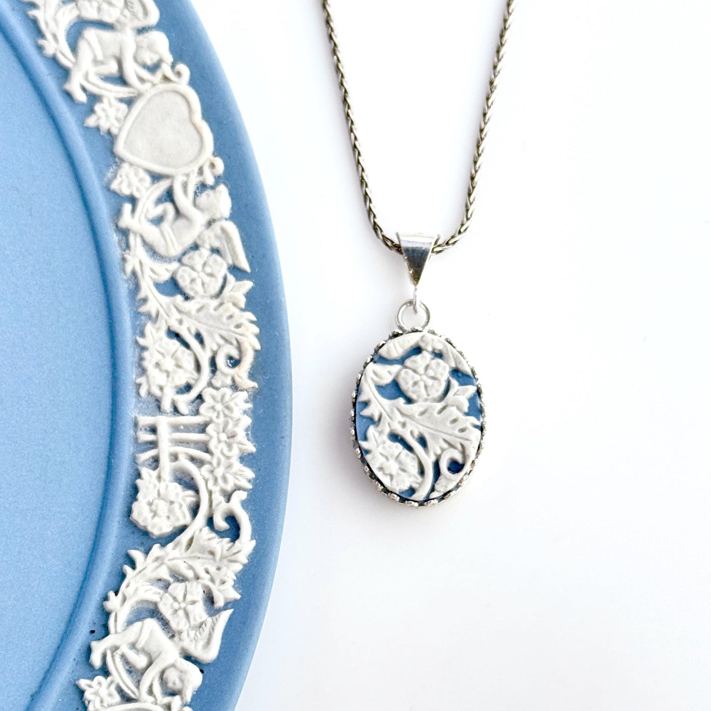 Blue Wedgwood Jasperware Jewelry, Adjustable Sterling Silver Pendant Necklace, Unique Gifts for Her