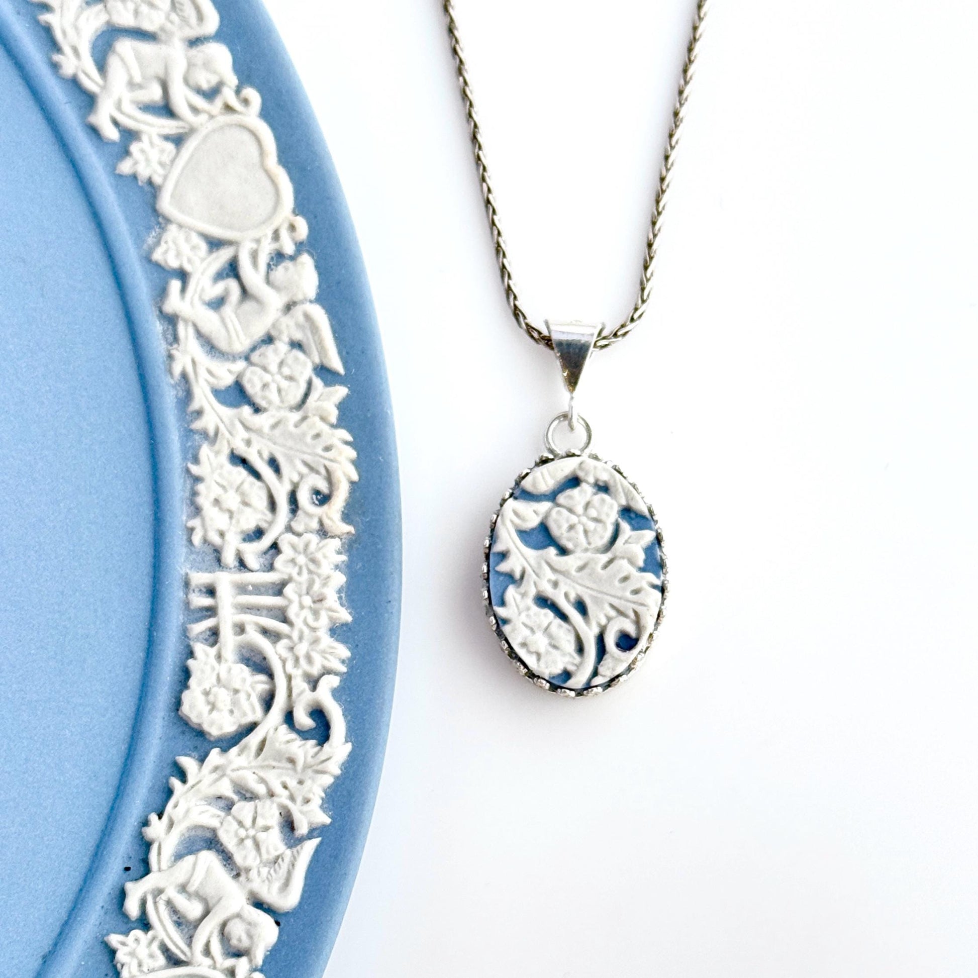 Blue Wedgwood Jasperware Jewelry, Adjustable Sterling Silver Pendant Necklace, Unique Gifts for Her