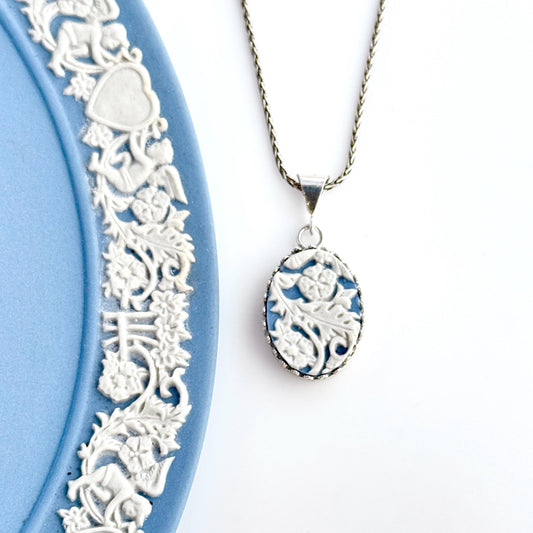 Blue Wedgwood Jasperware Jewelry, Adjustable Sterling Silver Pendant Necklace, Unique Gifts for Her