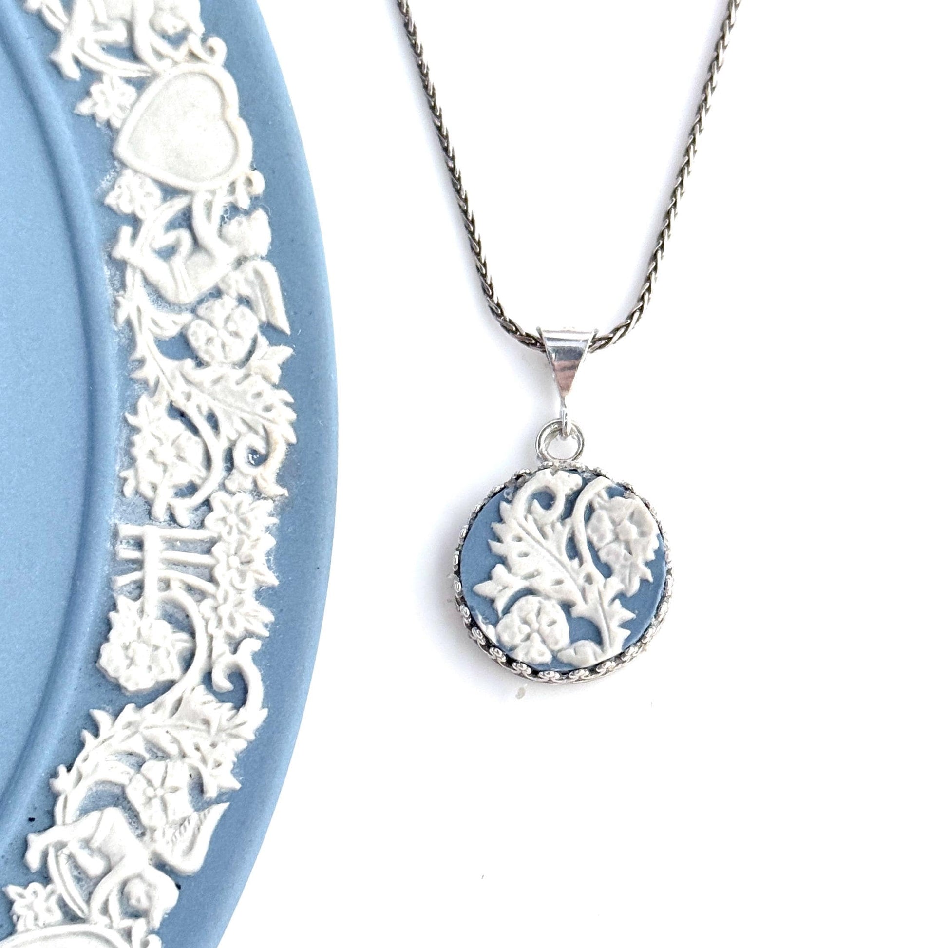 Blue Wedgwood Jasperware Jewelry, Unique Anniversary Gifts for Her, Adjustable Sterling Silver Pendant Necklace,
