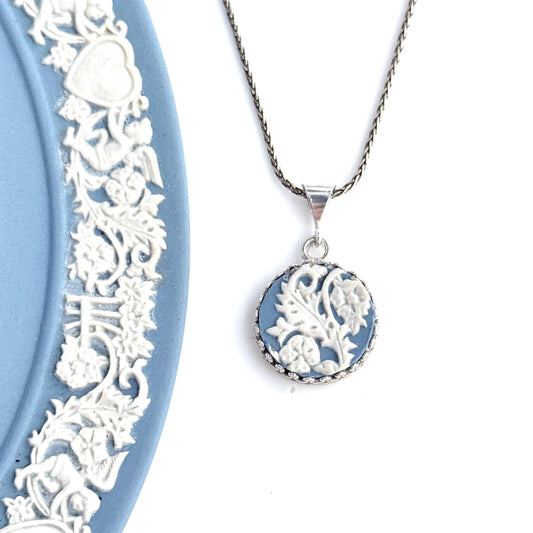 Blue Wedgwood Jasperware Jewelry, Unique Anniversary Gifts for Her, Adjustable Sterling Silver Pendant Necklace,