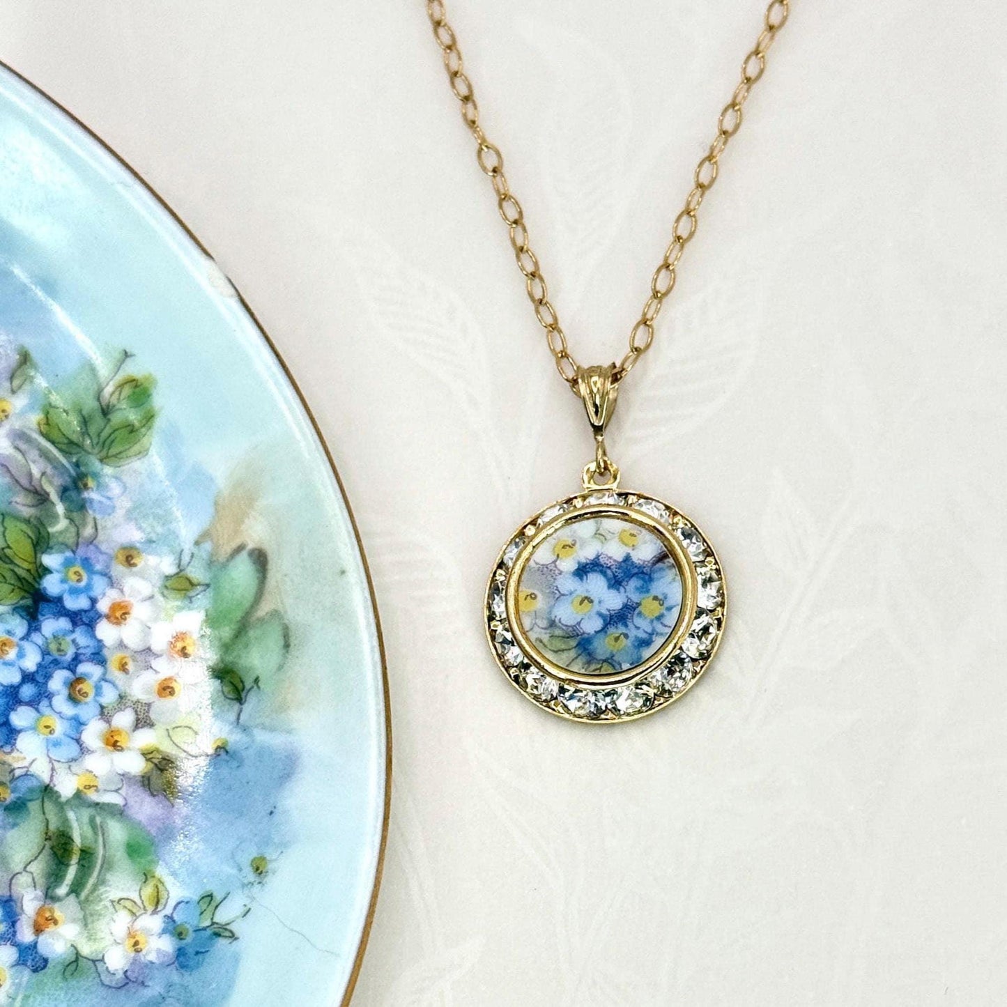 Forget Me Not Gold Necklace, Hand Painted Broken China Jewelry, 20th Anniversary Gift for Wife