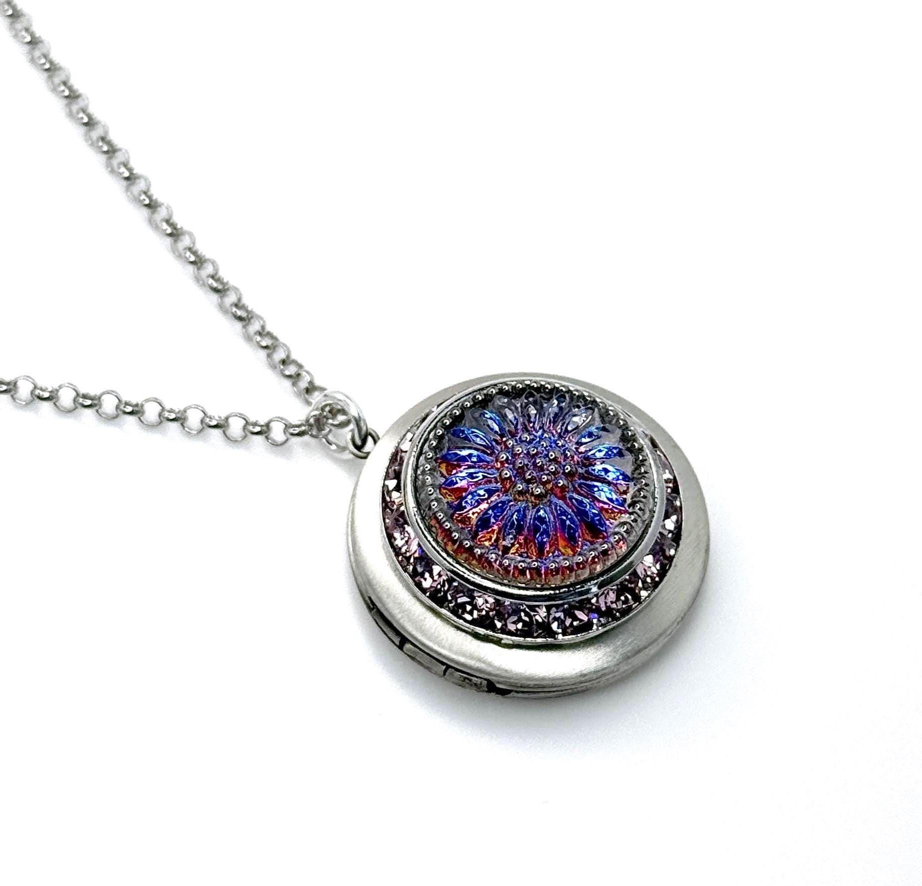 One-of-a-Kind, Colorful Sunflower Glass Button Locket, Silver Photo Locket Necklace
