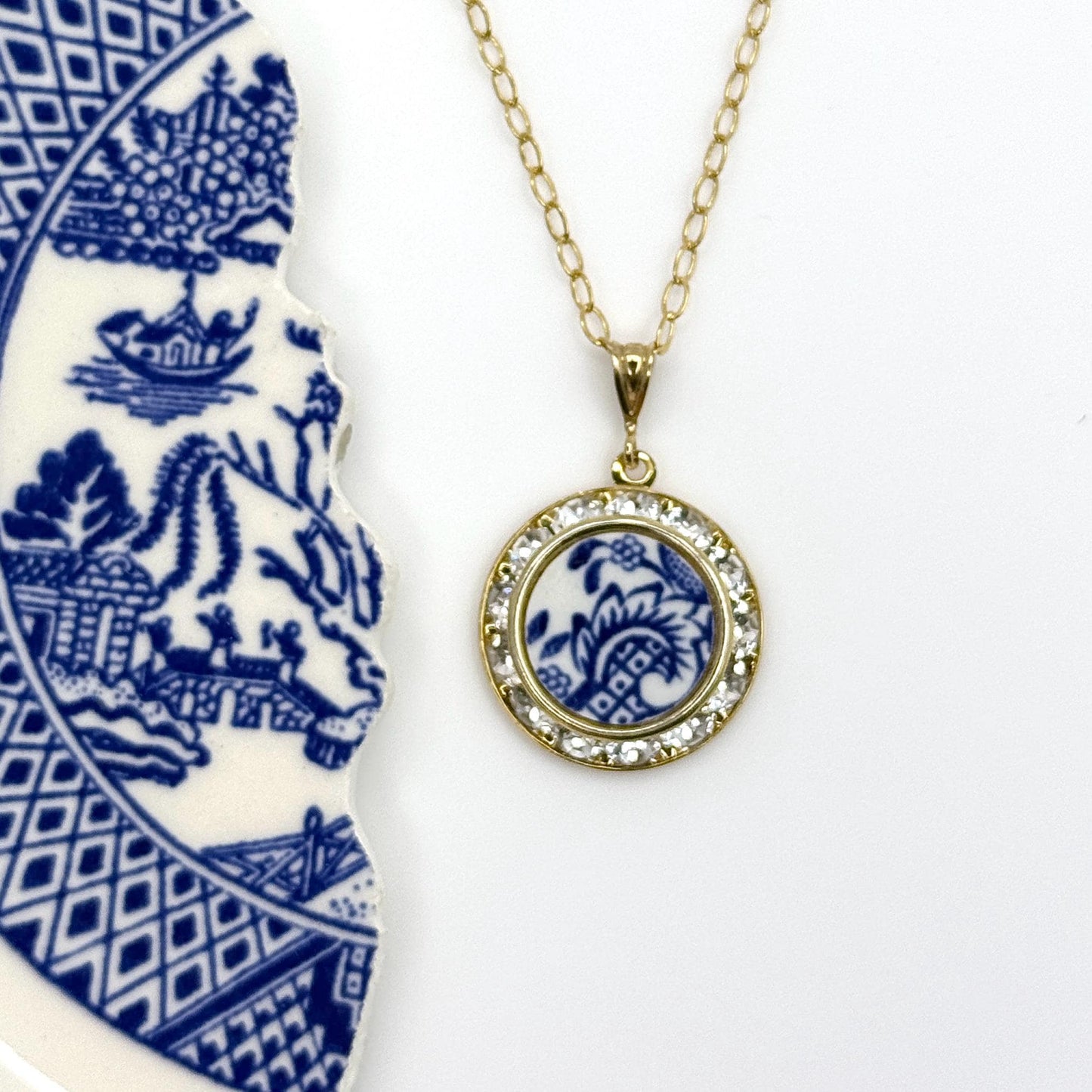 Blue Willow Crystal Necklace, 20th Wedding Anniversary Gifts for Wife, Vintage American China