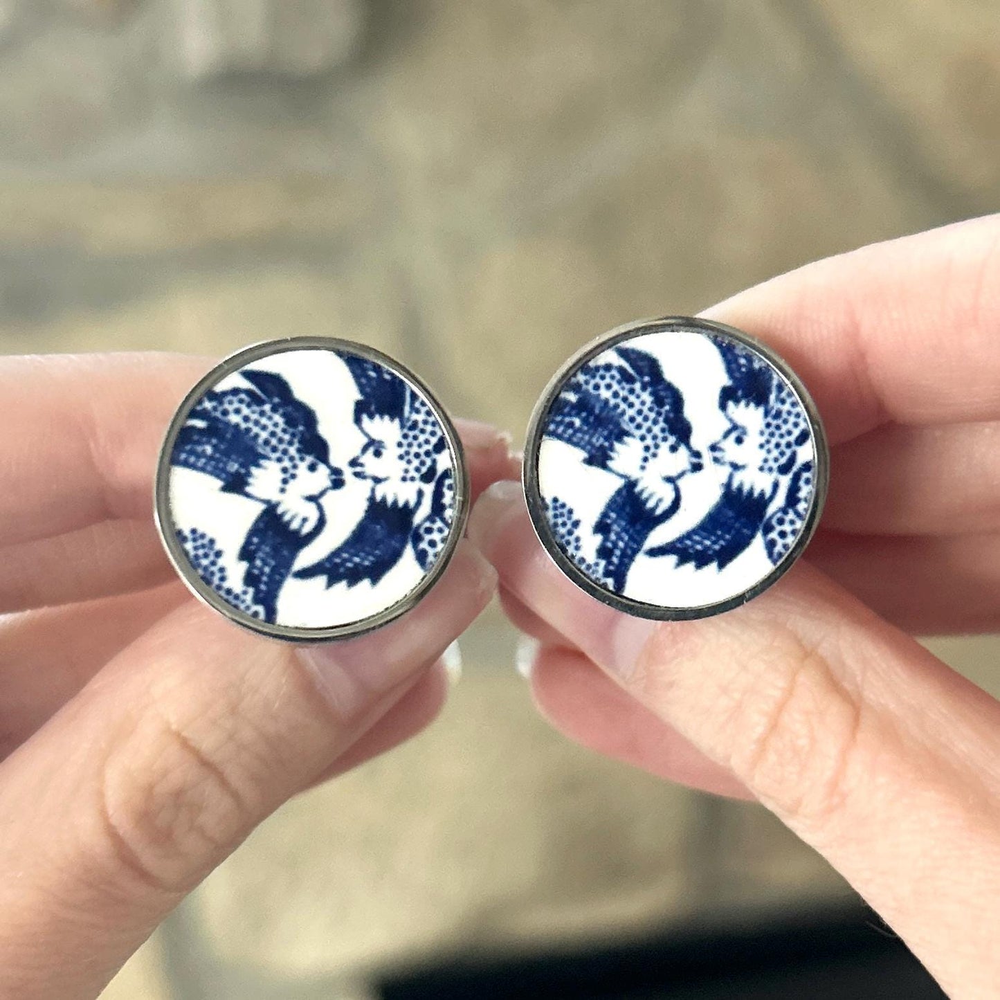 One-of-a-Kind 20th Anniversary Gift, Blue Willow Gifts for Husband, Stainless Steel Jewelry, Cufflinks for Men