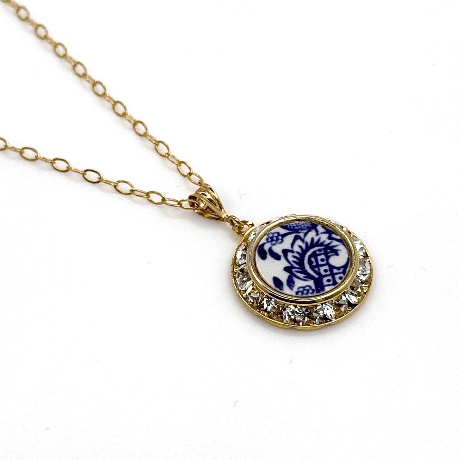 Blue Willow Crystal Necklace, 20th Wedding Anniversary Gifts for Wife, Vintage American China