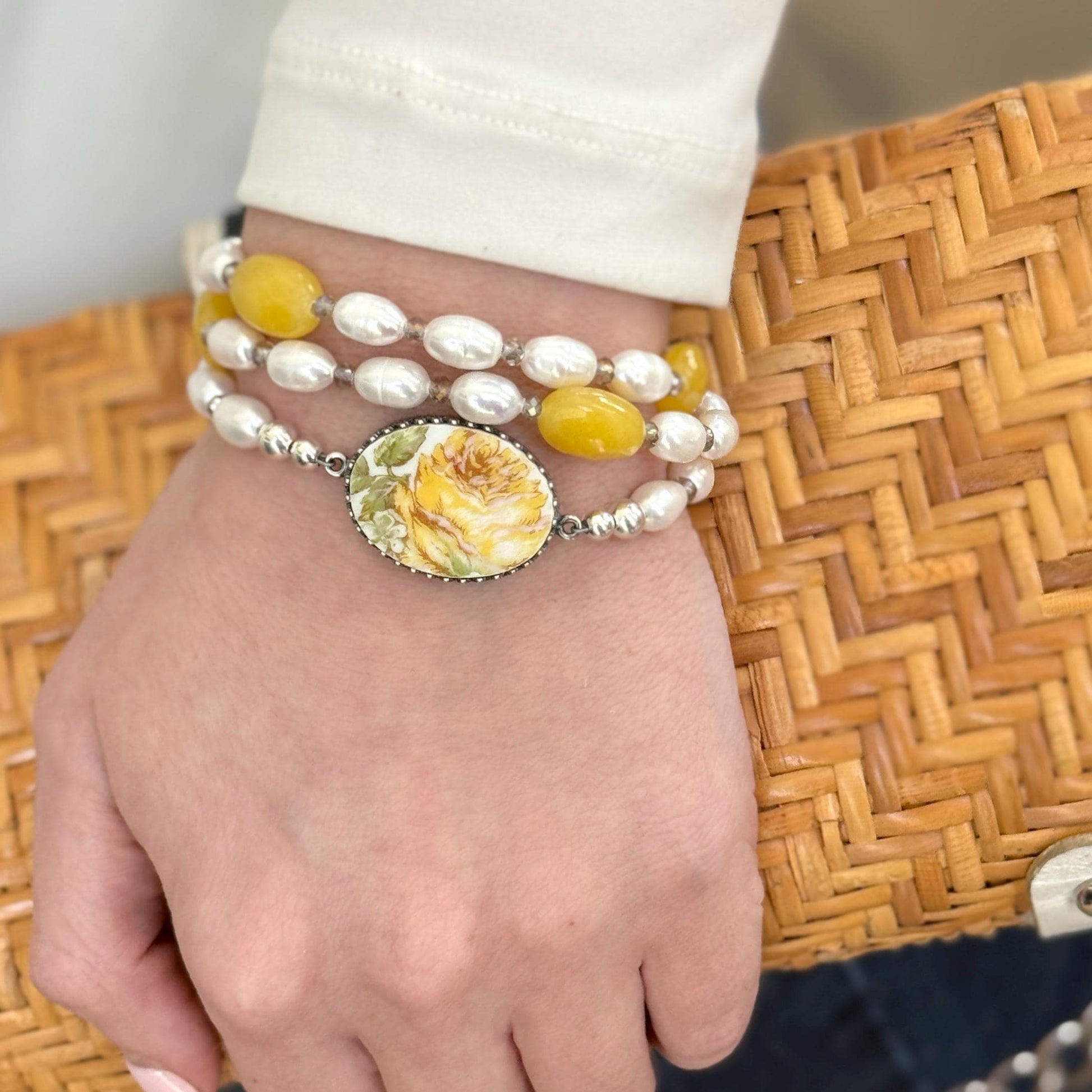 Yellow Rose Friendship Flower, Pearl & Jade Beaded Wrap Bracelet, Porcelain Gift for Friend