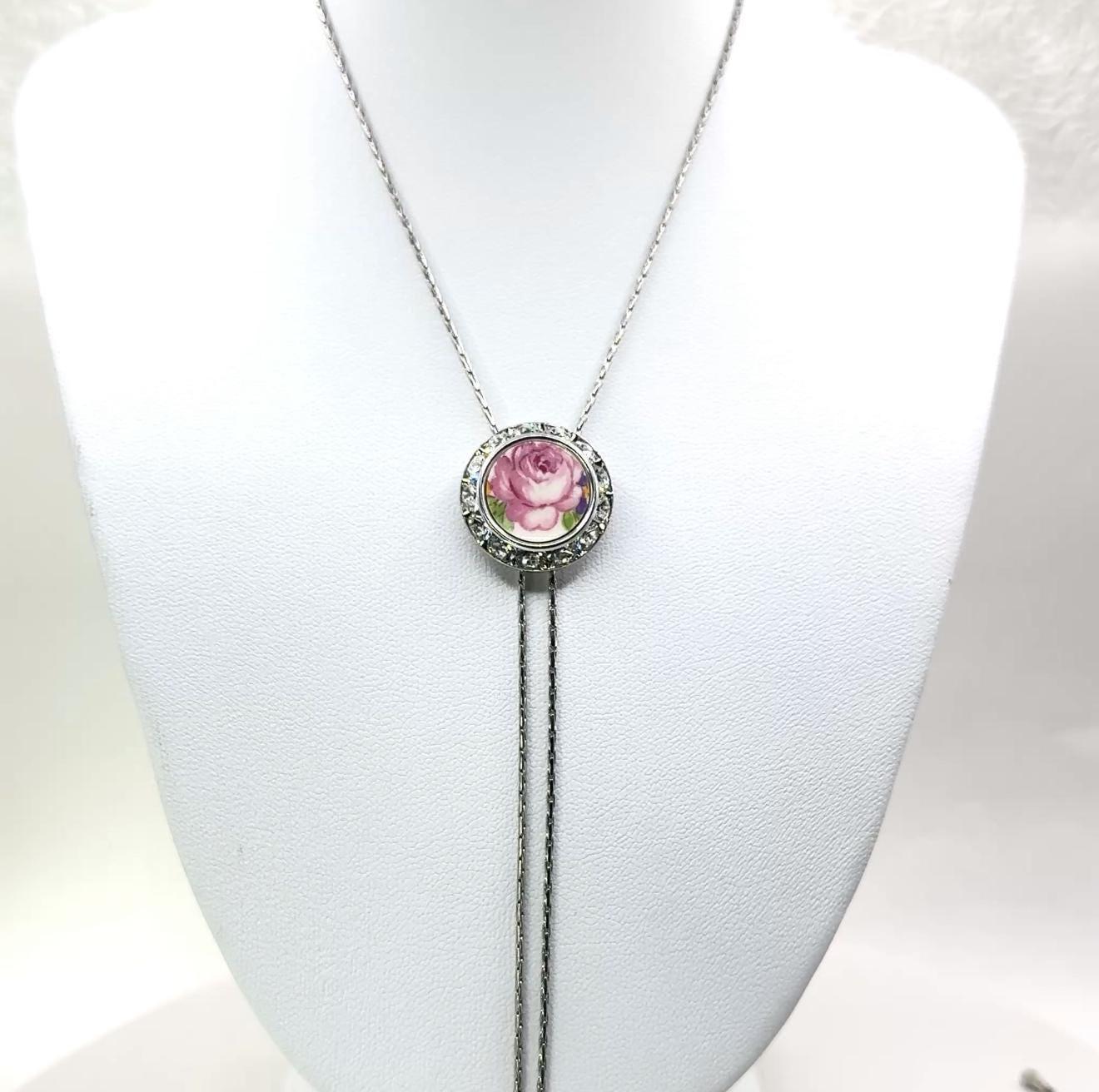 Adjustable Rose Crystal Necklace, Broken China Jewelry Lariat