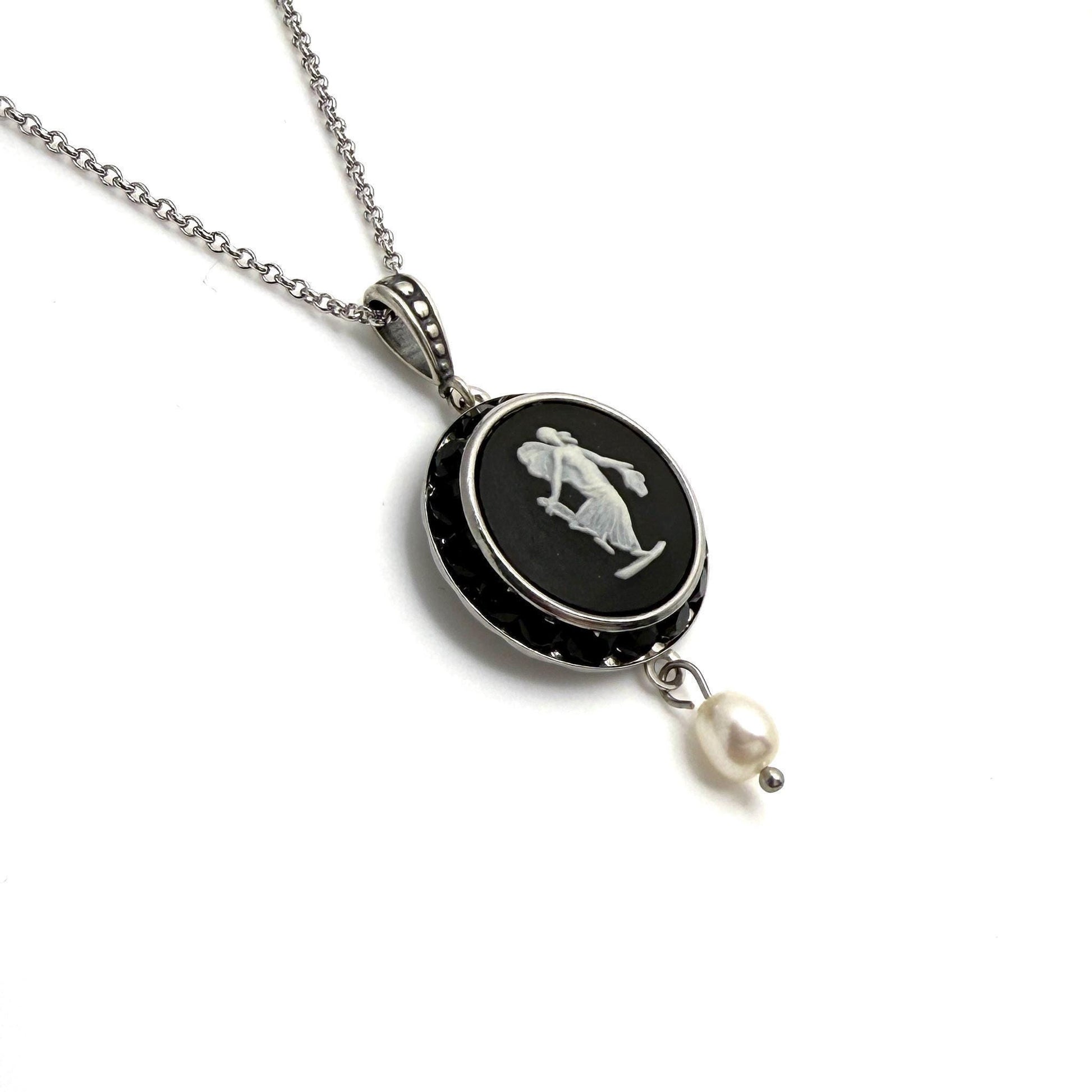 Victorian Angel Necklace, Black Wedgwood Cameo Jewelry, Unique Gifts for Women