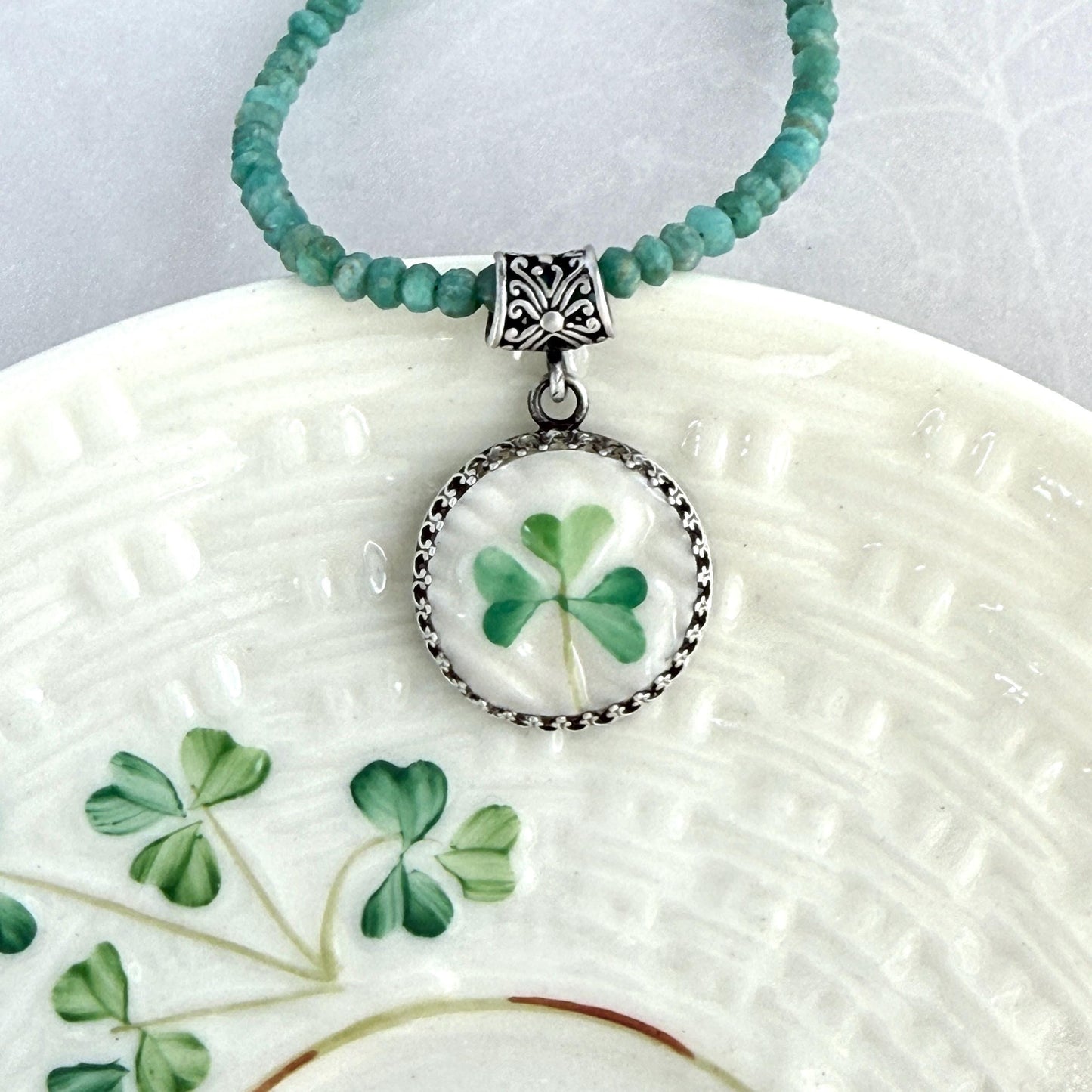 One-of-a-Kind Necklace, Irish Belleek Shamrock Jewelry, Sterling Silver and Amazonite