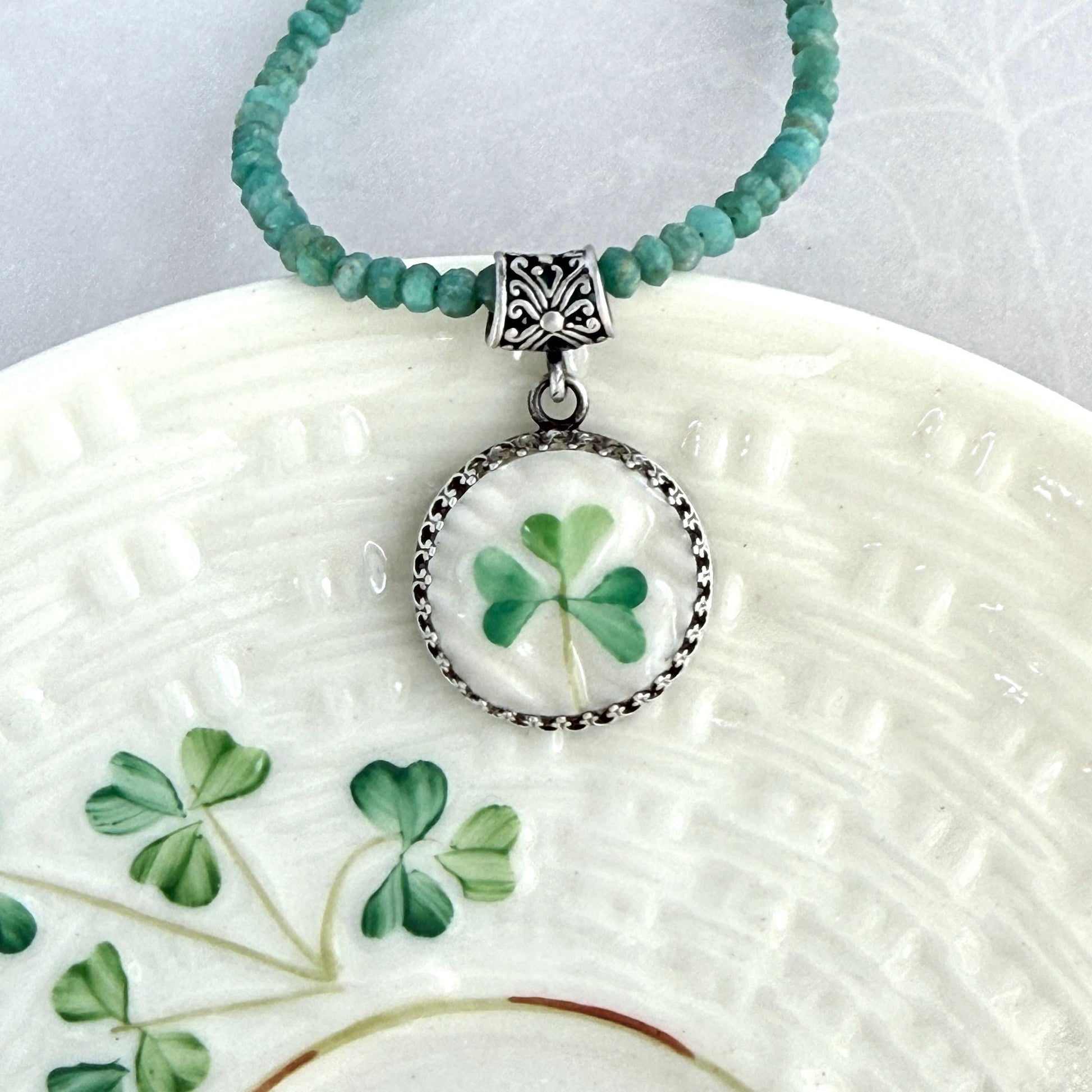One-of-a-Kind Necklace, Irish Belleek Shamrock Jewelry, Sterling Silver and Amazonite